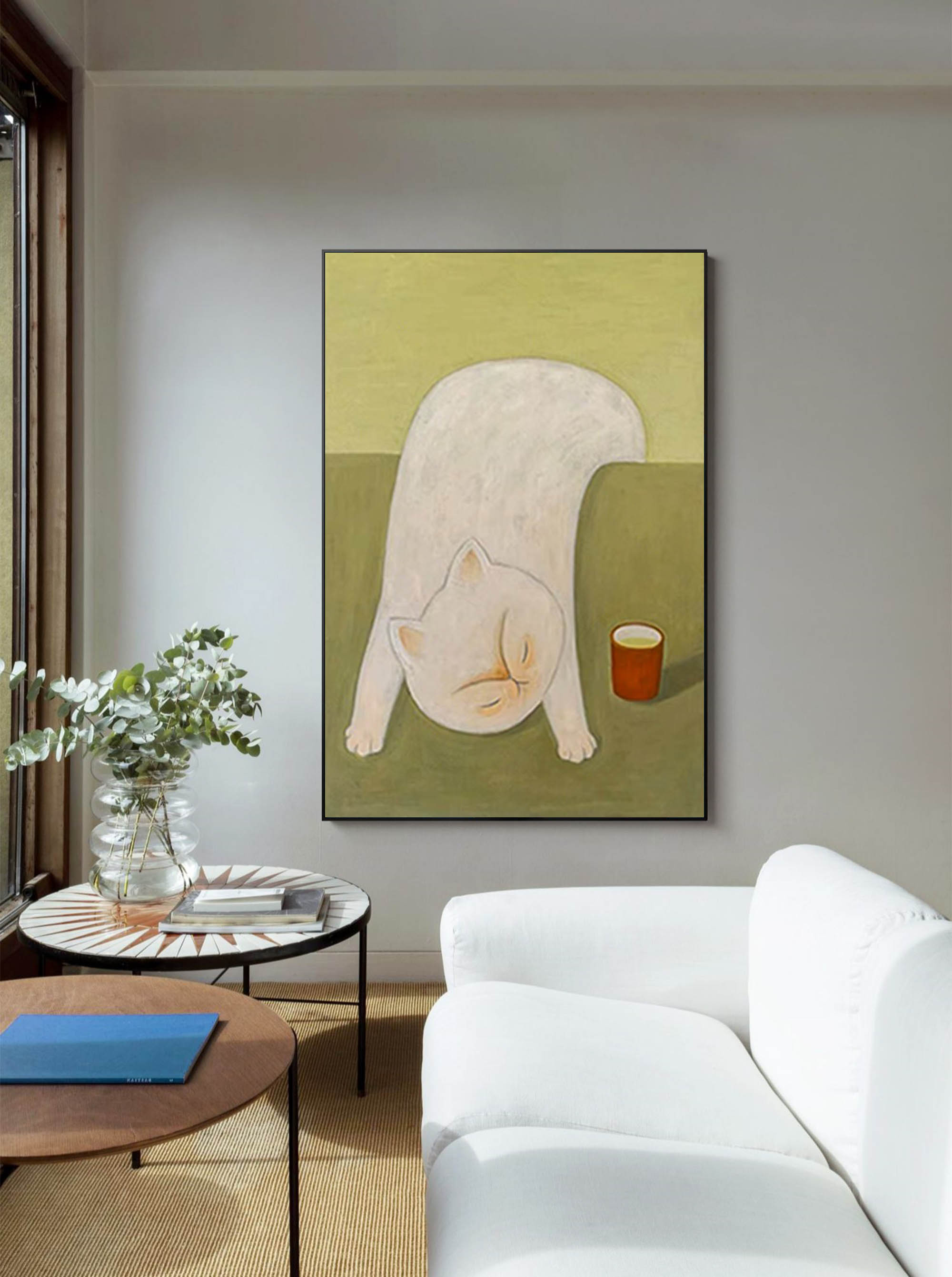 Wallart Playful White Cat with Tea Cup Canvas Art