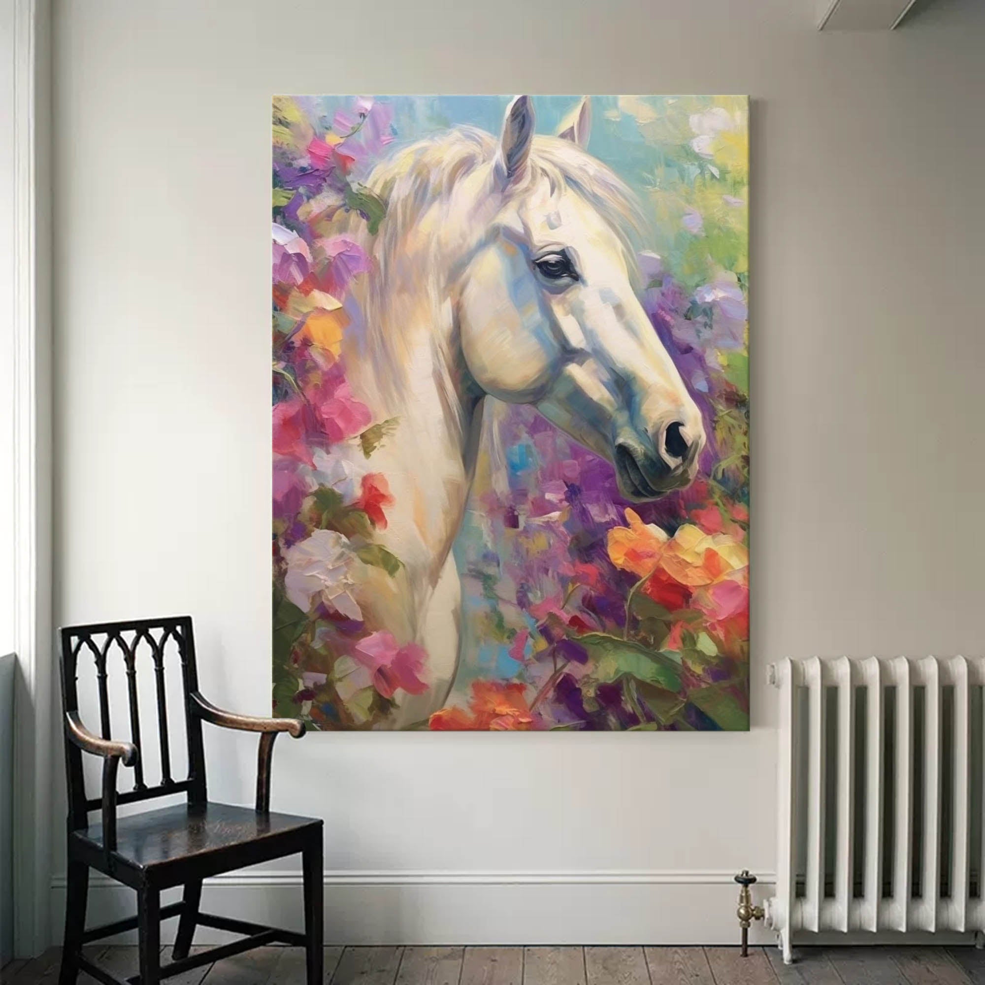 Wallart Graceful White Horse in Floral Harmony