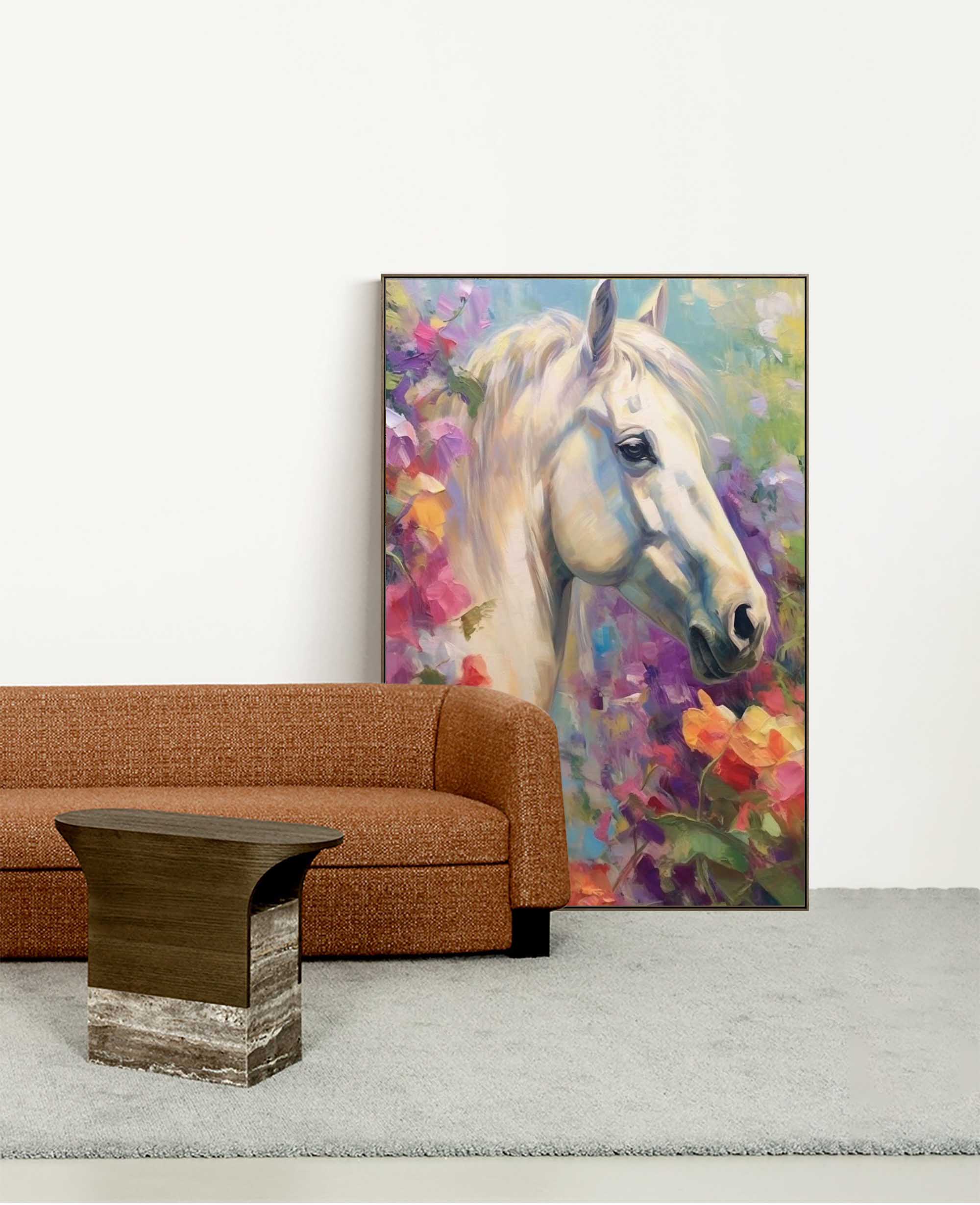 Wallart Graceful White Horse in Floral Harmony