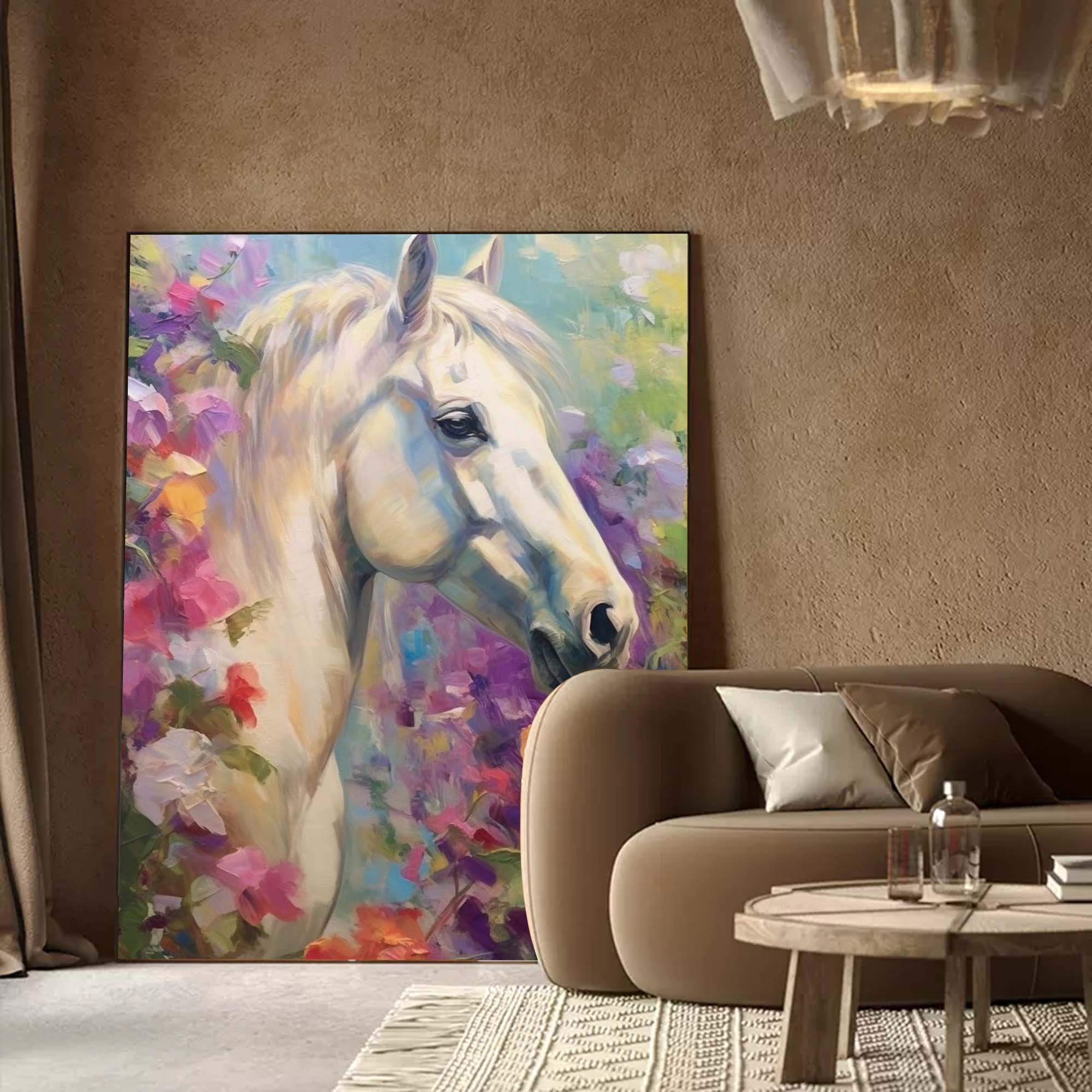 Wallart Graceful White Horse in Floral Harmony