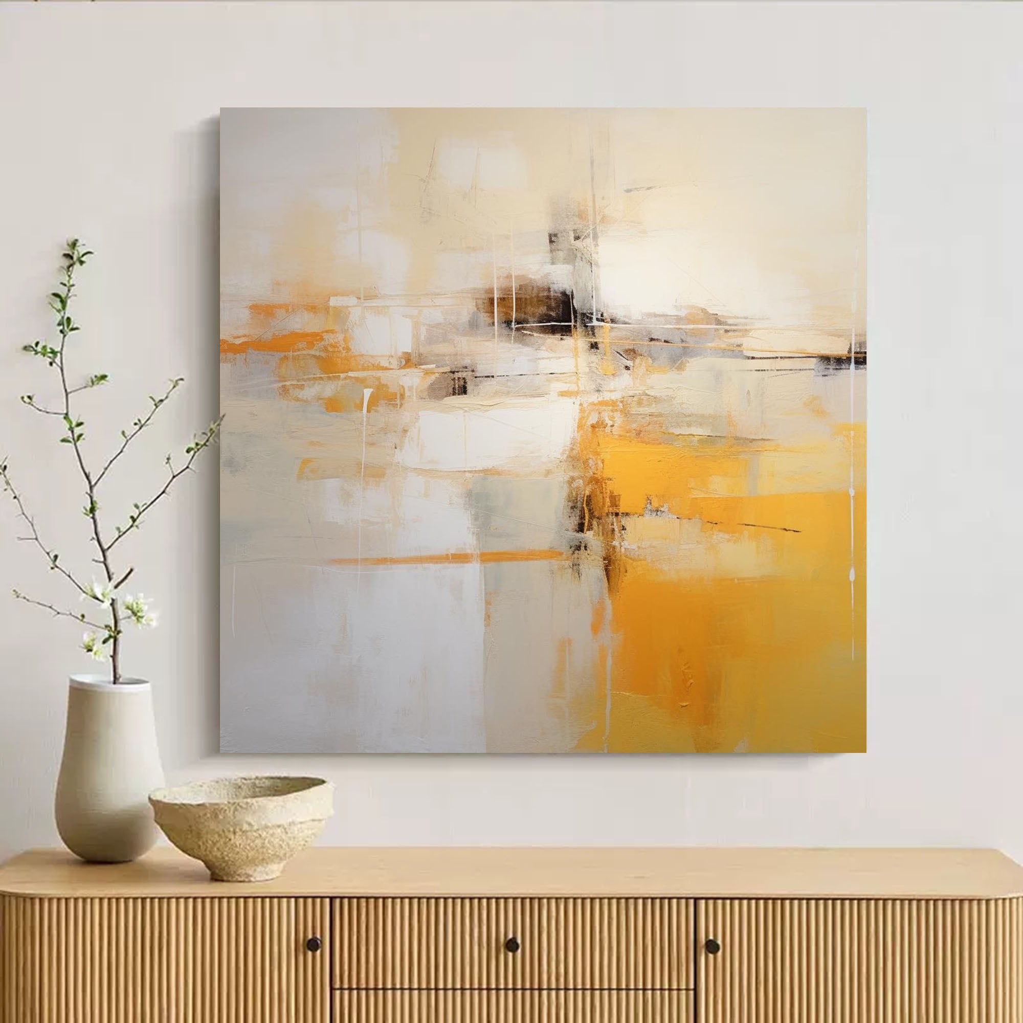 Wallart Elegant Yellow and White Abstract Art