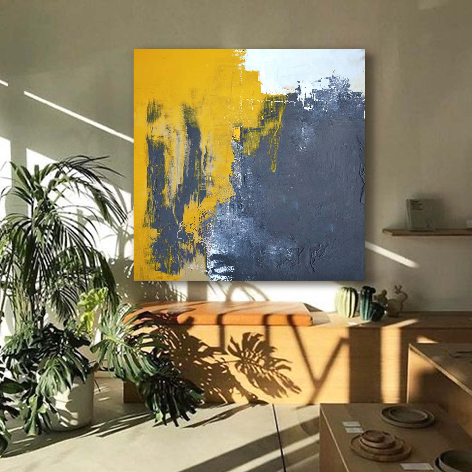 Wallart Modern Yellow and Grey Abstract Art