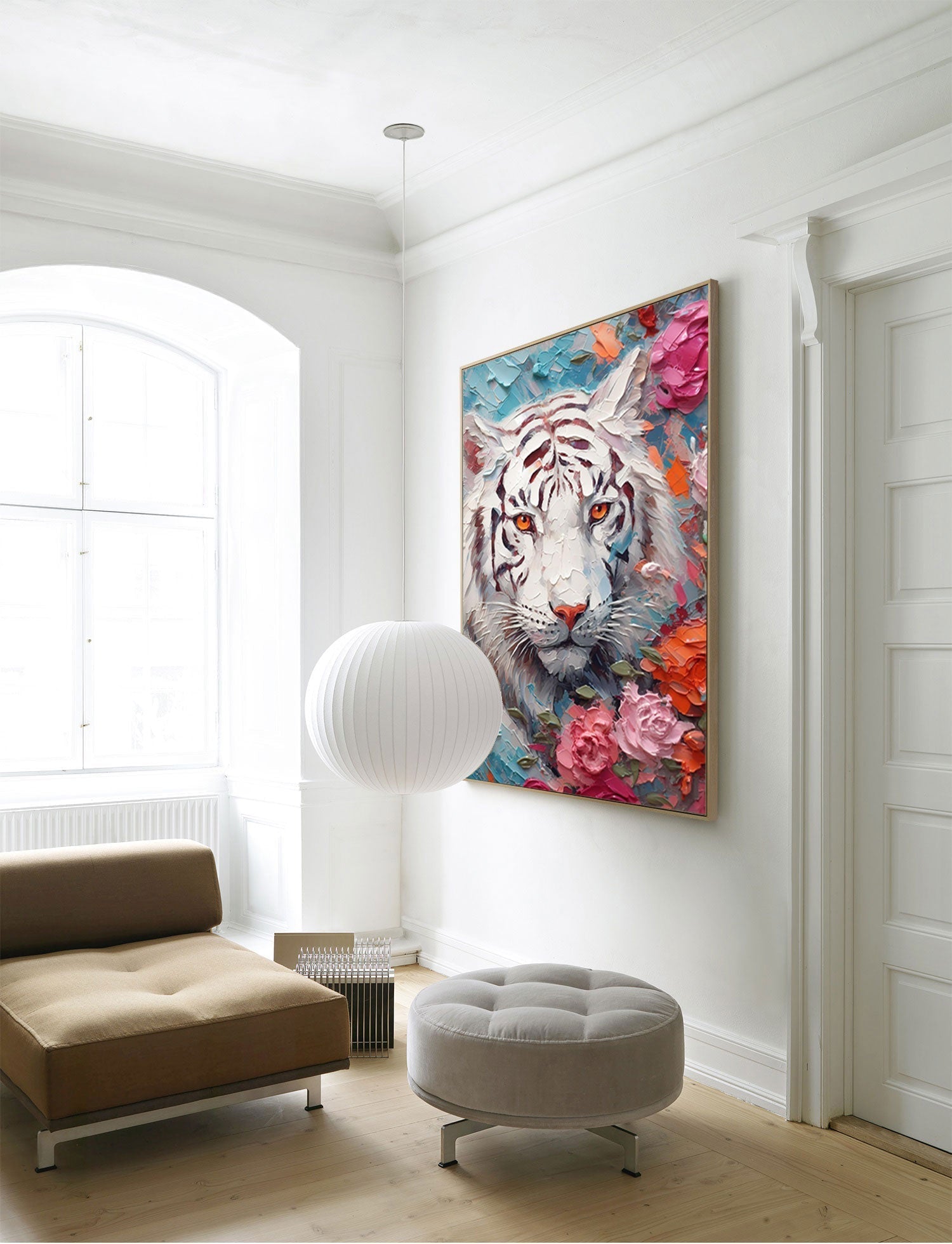 Wallart White Tiger in Blossoms: Bold Elegance
