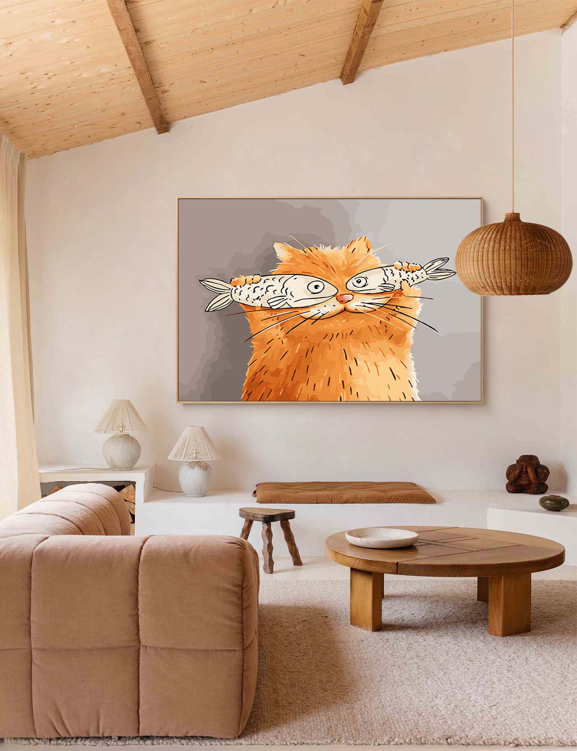 Wallart Whimsical Cat with Fish Art Print