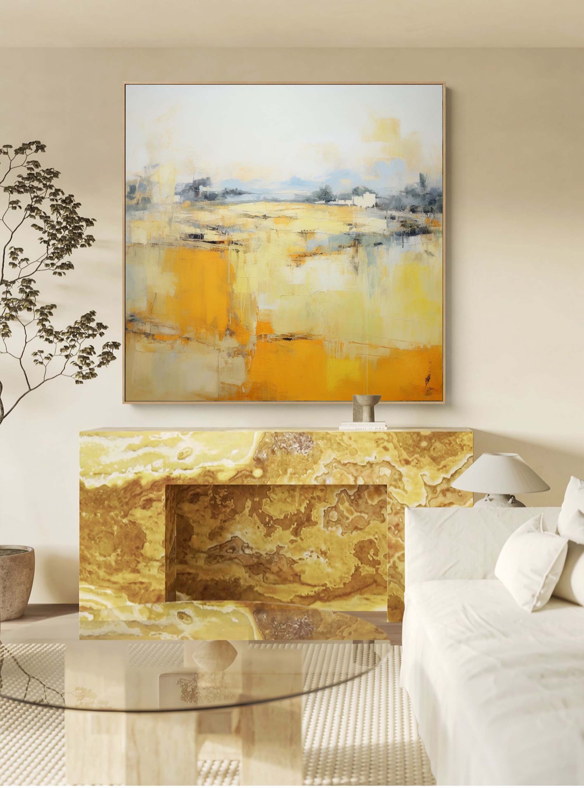 Wallart Vibrant Yellow Abstract Landscape Art