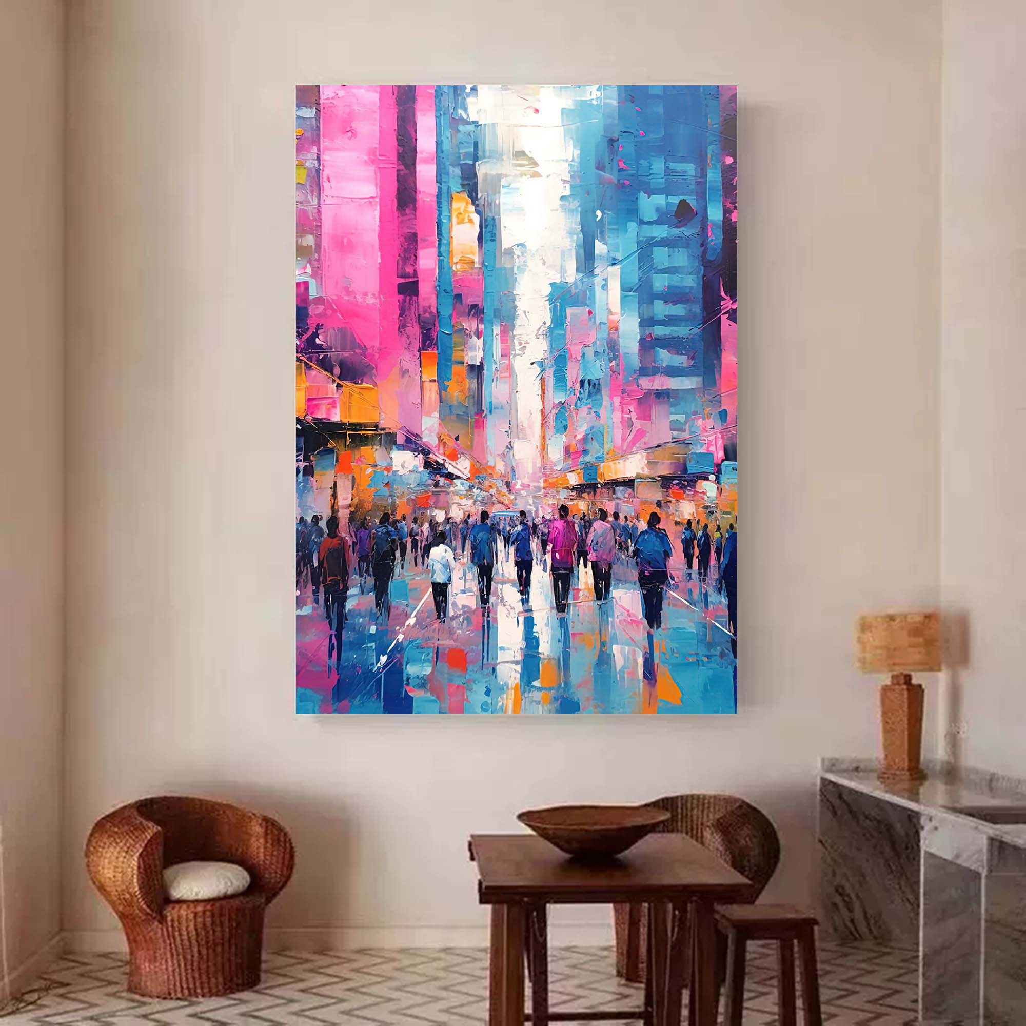 Wallart Vibrant Urban Crowd Abstract Oil Painting