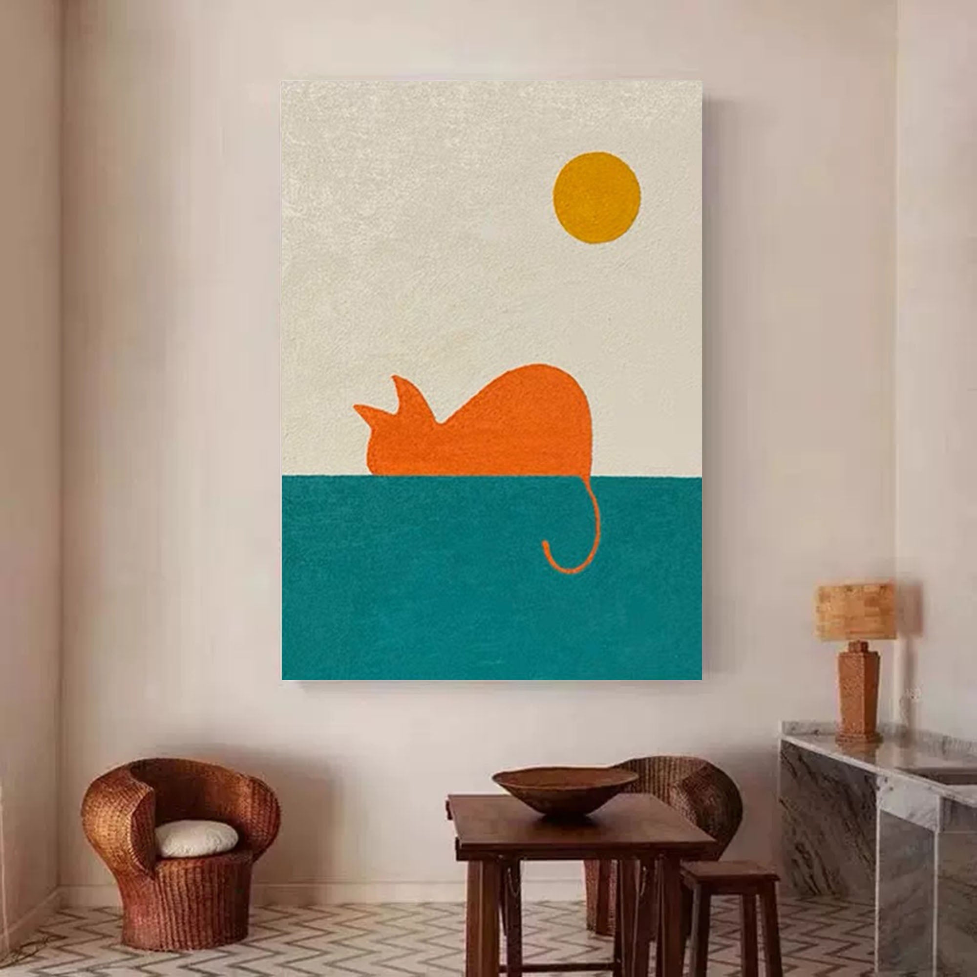 Wallart Minimalist Orange Cat in Sun Canvas Art