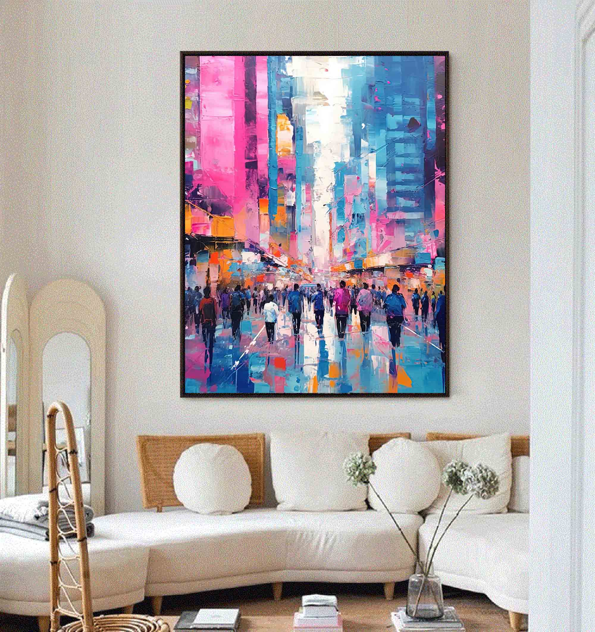 Wallart Vibrant Urban Crowd Abstract Oil Painting