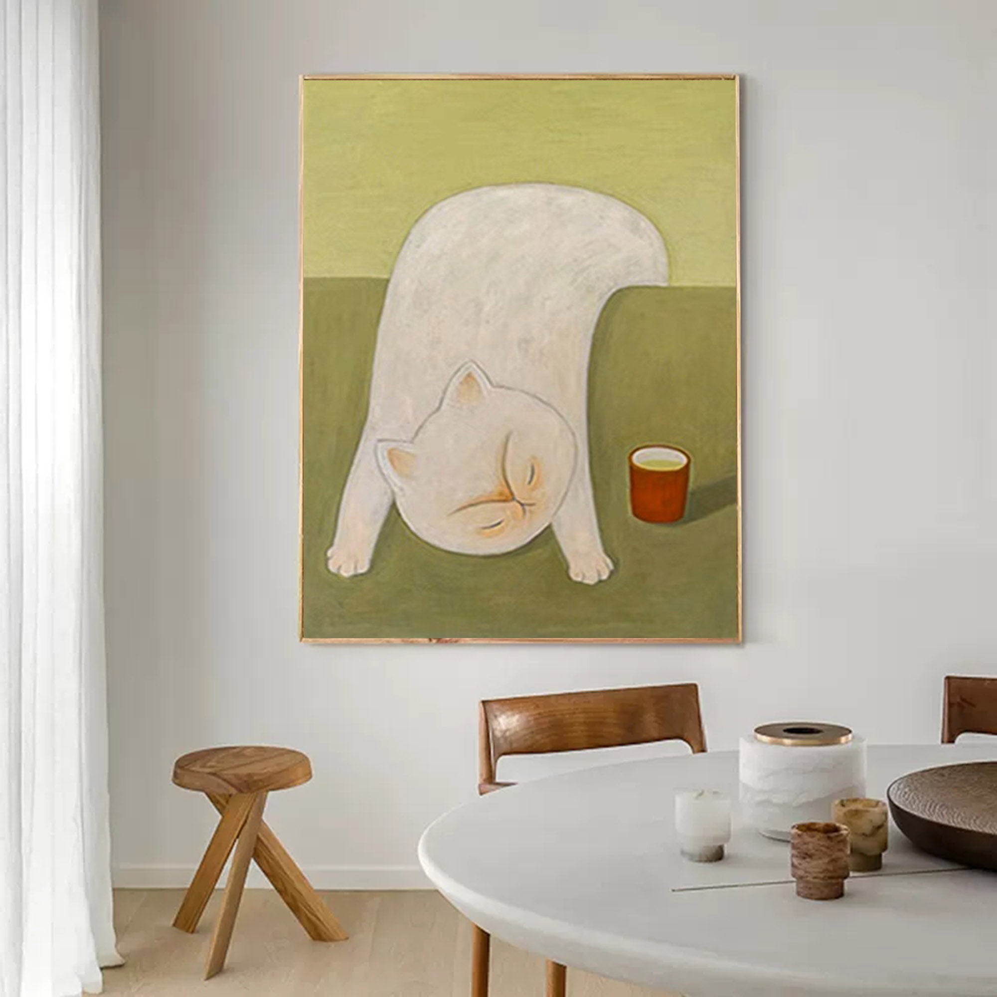 Wallart Playful White Cat with Tea Cup Canvas Art