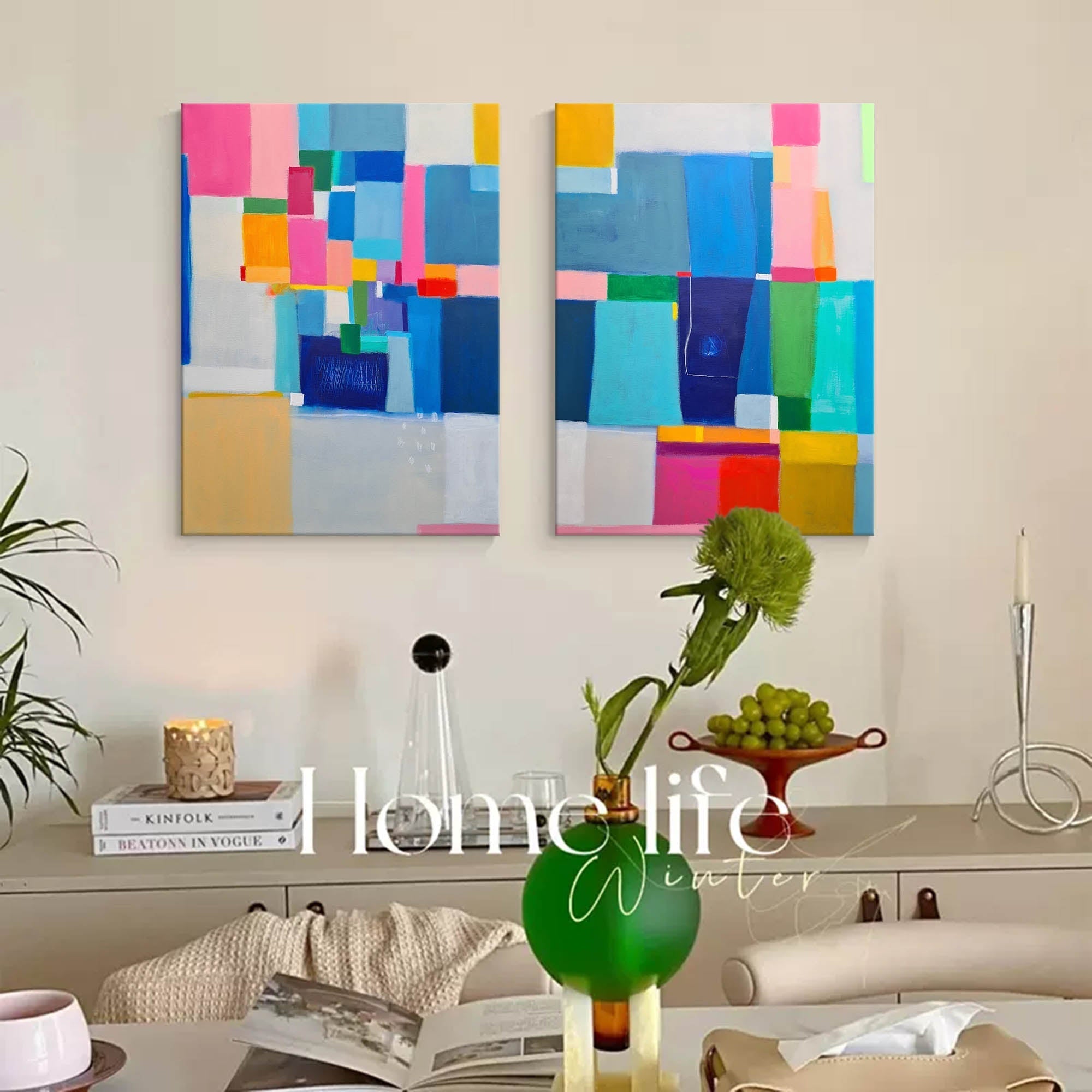Wallart Modern Geometric Color Block Diptych Canvas Art