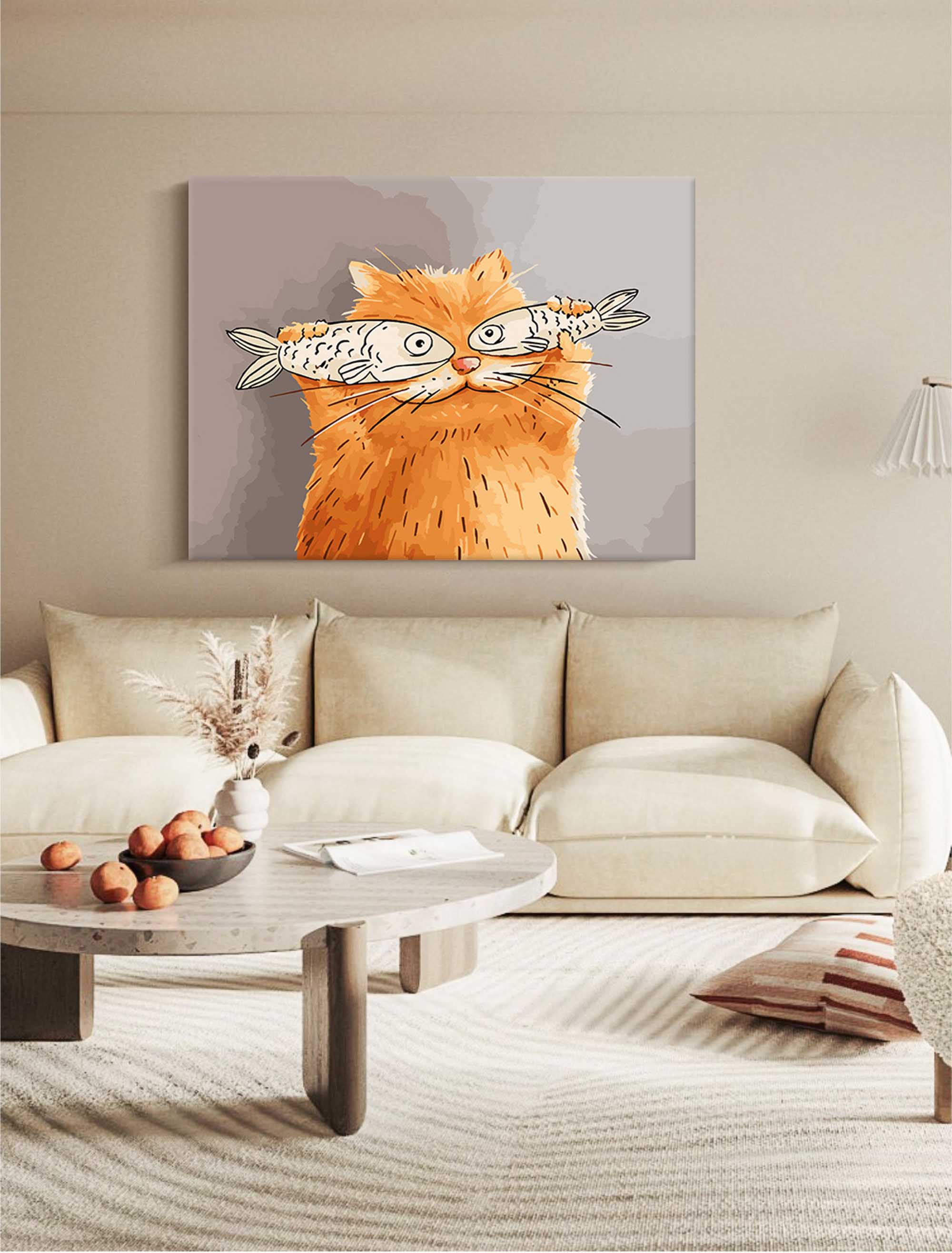 Wallart Whimsical Cat with Fish Art Print