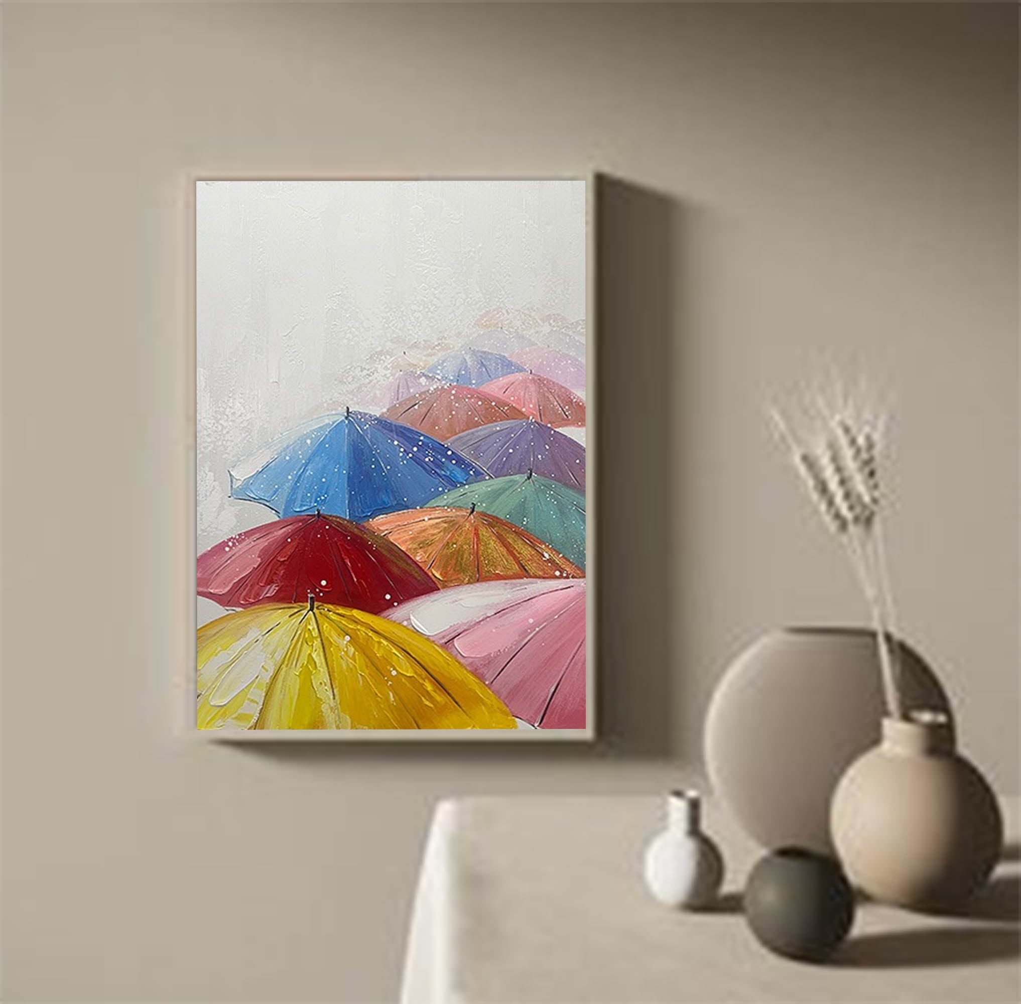 Wallart Colorful Umbrellas in the Rain Canvas Art