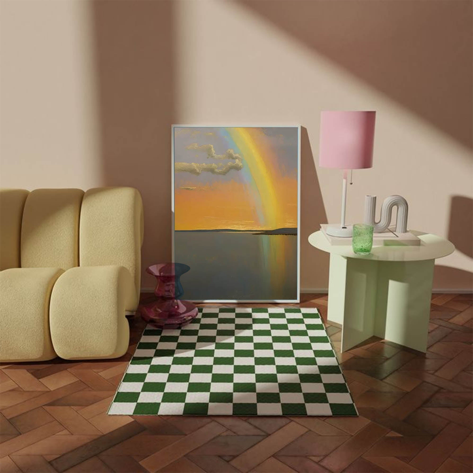 Wallart Sunset Rainbow over Tranquil Waters – Serene Landscape Painting