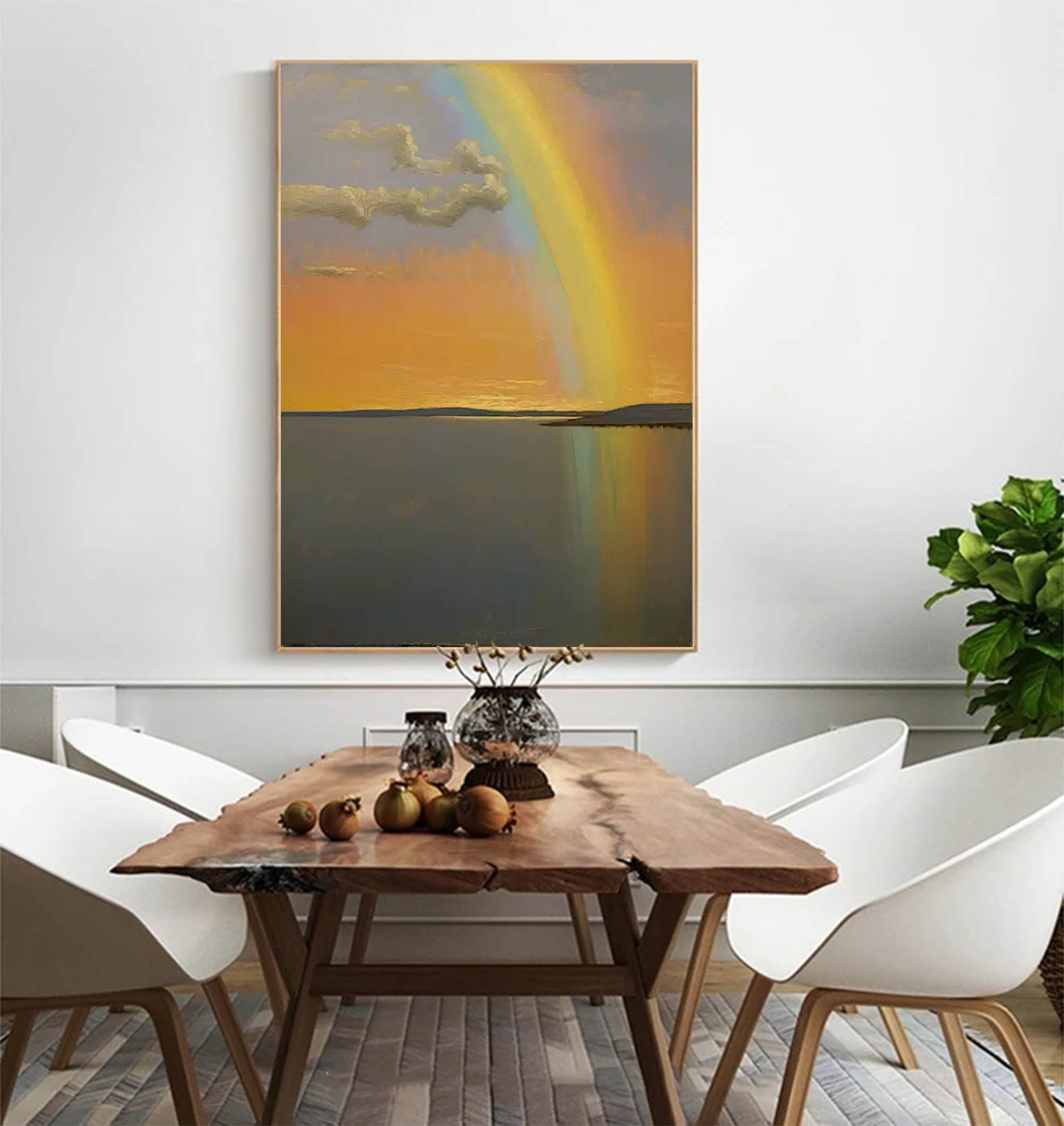 Wallart Sunset Rainbow over Tranquil Waters – Serene Landscape Painting
