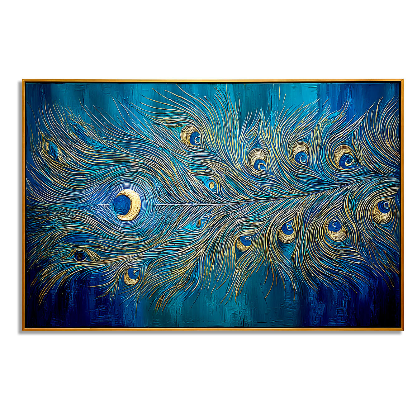 Radiant Feather - Textured Blue and Gold Abstract Oil Painting