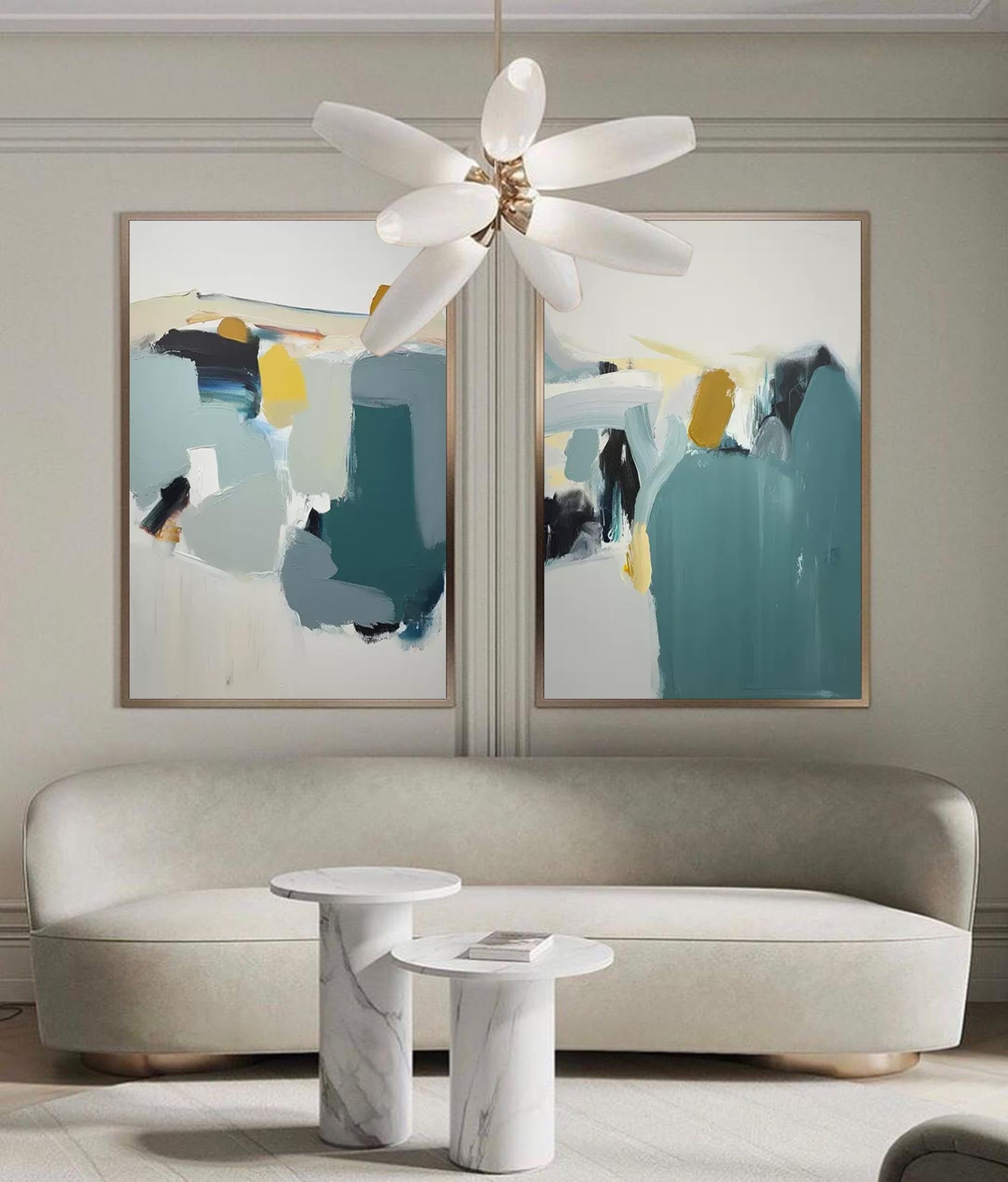 Wallart Abstract Diptych in Teal and Gold