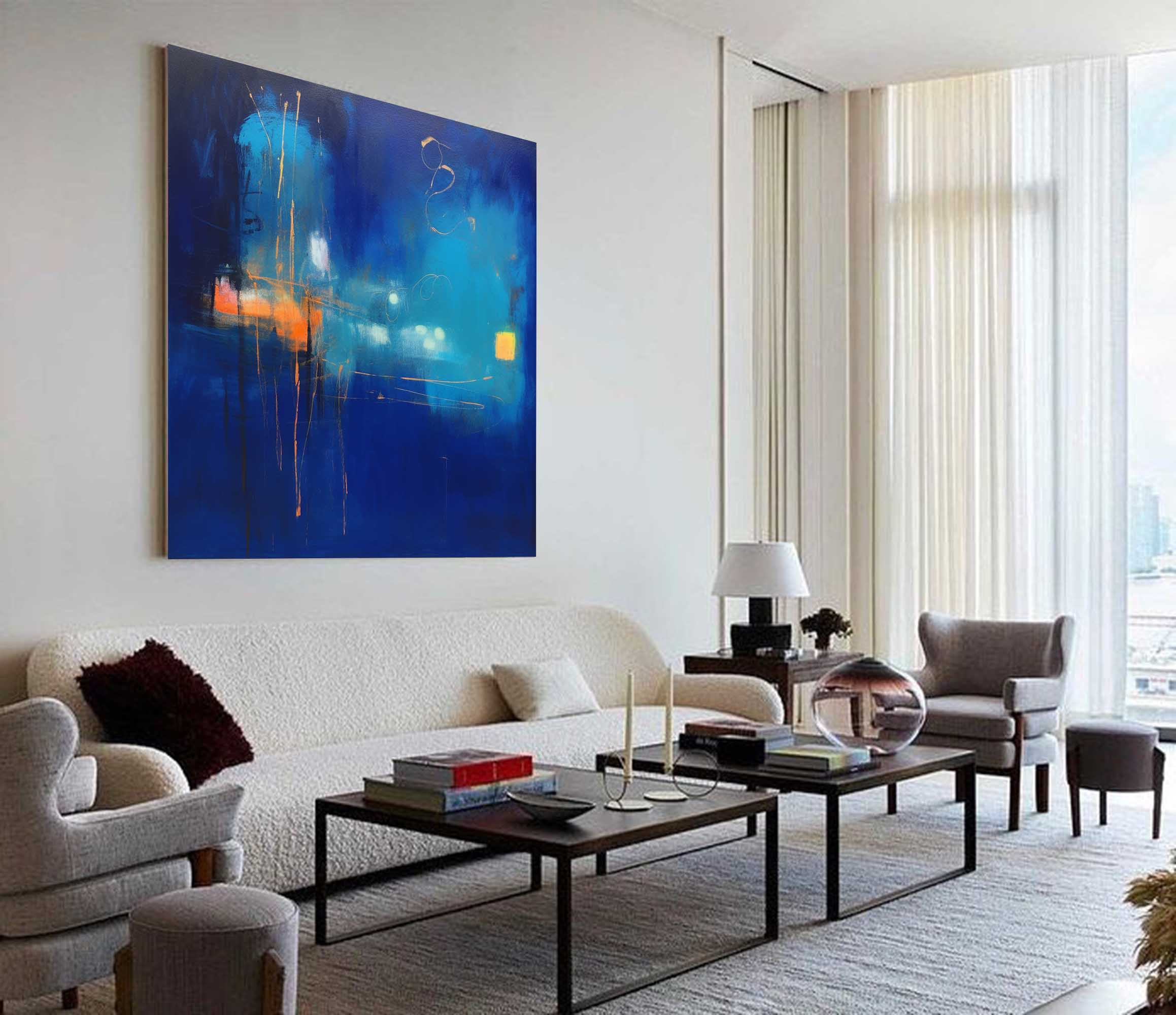 Wallart Nocturnal Blue Abstract Cityscape