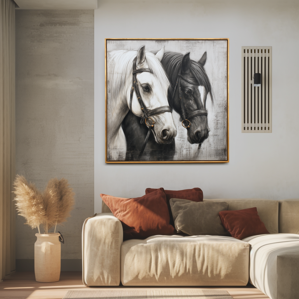 Black and White Horse Portrait Wall Art – Realistic Horse Canvas Painting
