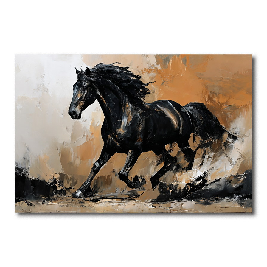 Black Running Horse Wall Art – Abstract Modern Horse Canvas Painting
