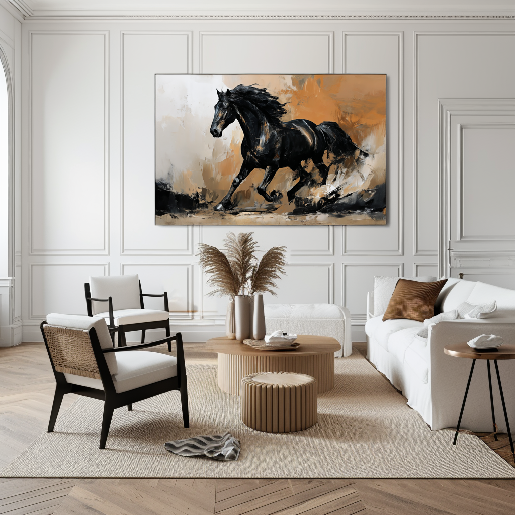 Black Running Horse Wall Art – Abstract Modern Horse Canvas Painting