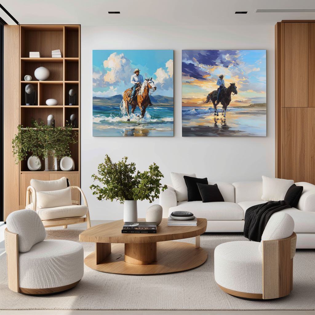Cowboy Beach Horse Wall Art Set – Western Canvas Paintings for Home