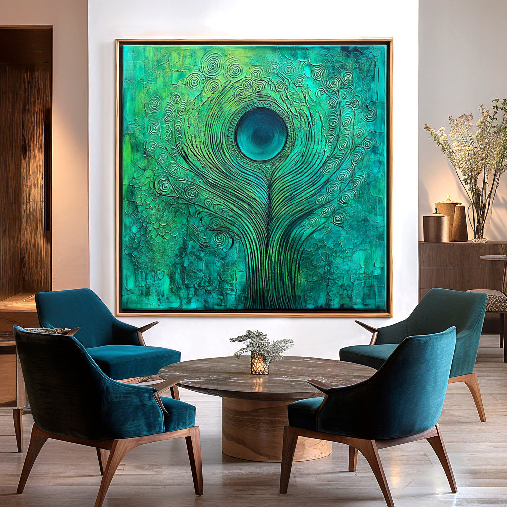 Emerald Pulse - Textured Blue and Green Abstract Feather Oil Painting