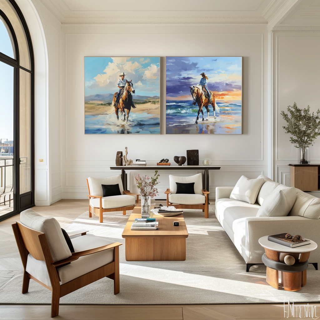 Western Beach Horse Riding Wall Art – Cowboy and Cowgirl Canvas Set