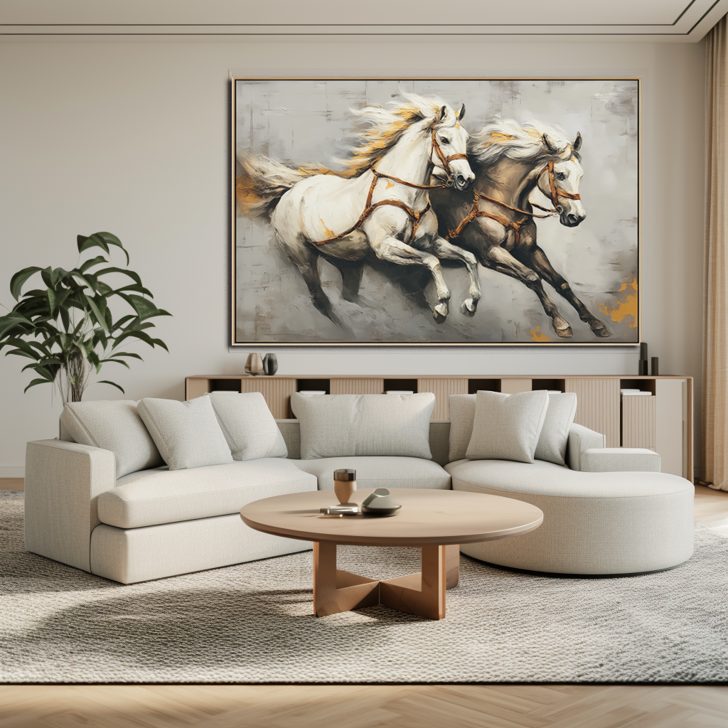 White Galloping Horse Canvas Art – Modern Abstract Horse Wall Decor