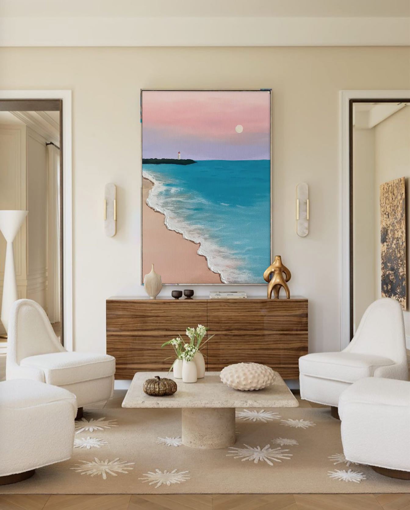 Wallart Serene Beach with Lighthouse Sunset