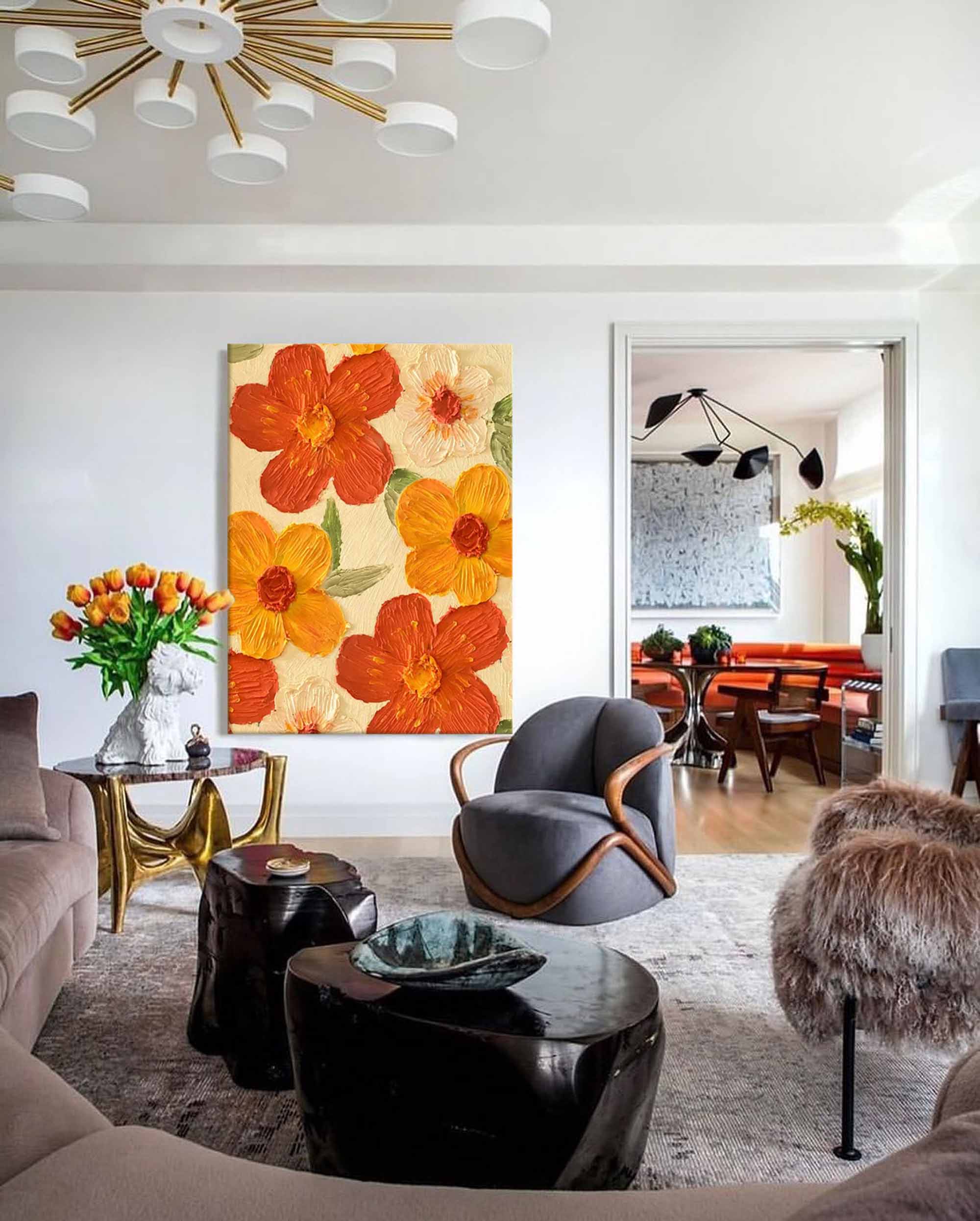 Wallart Vibrant Orange and Yellow Floral Art