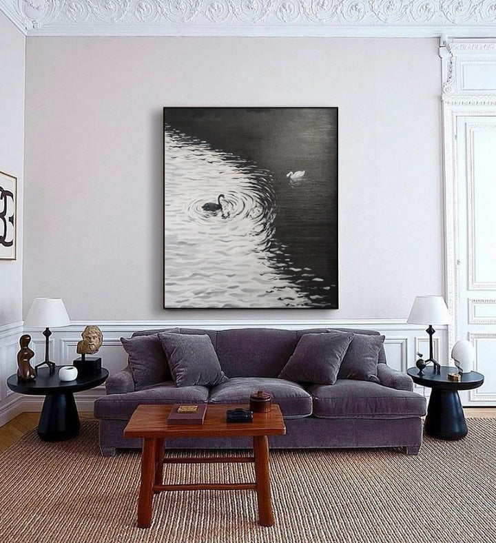 Wallart Monochrome Swans in Serene Waters