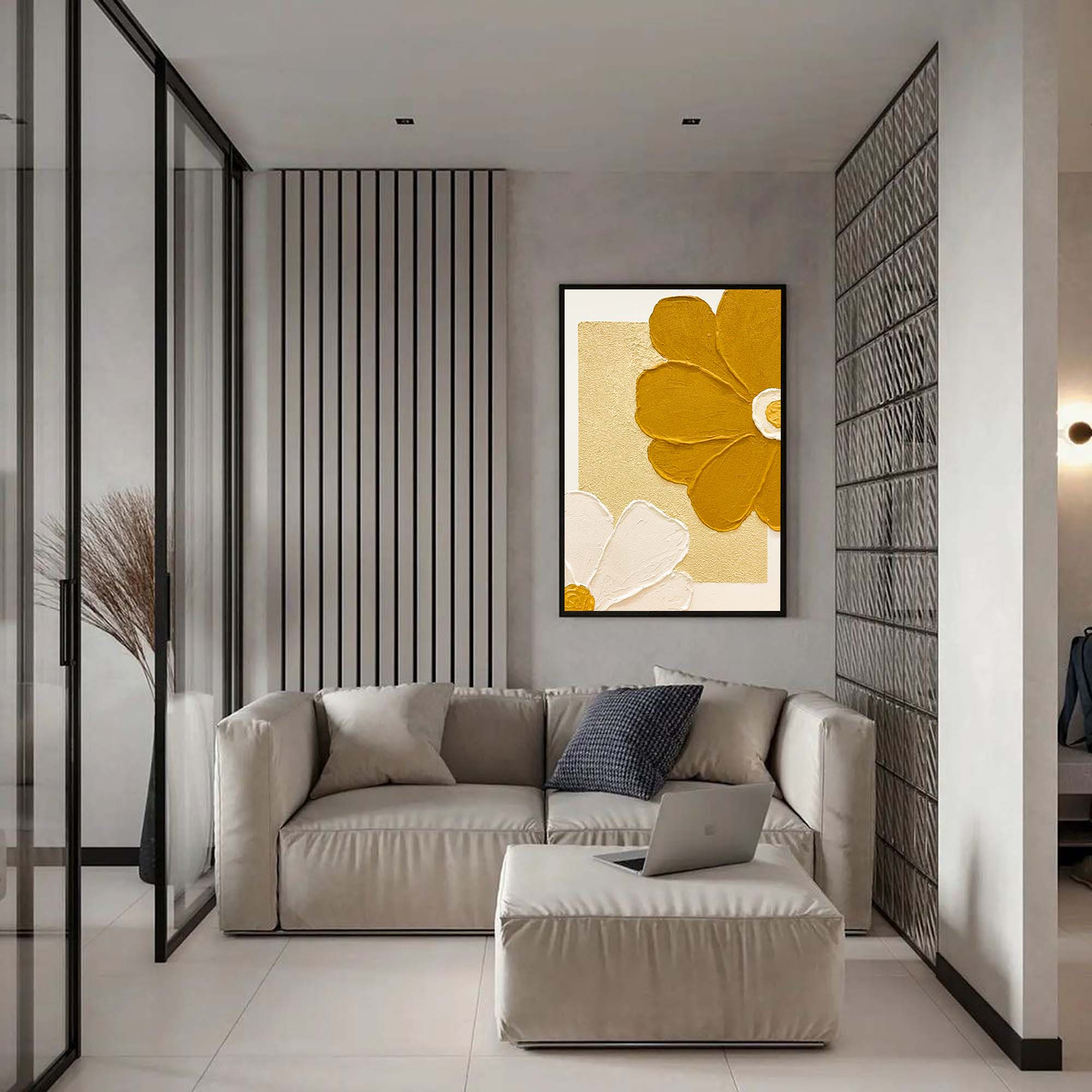 Wallart Golden and White Floral Relief Art