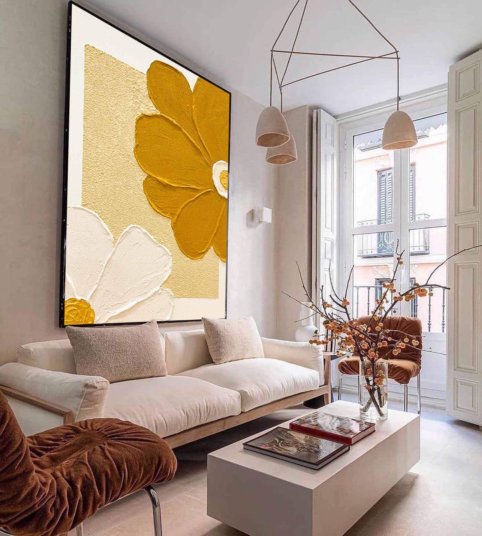 Wallart Golden and White Floral Relief Art