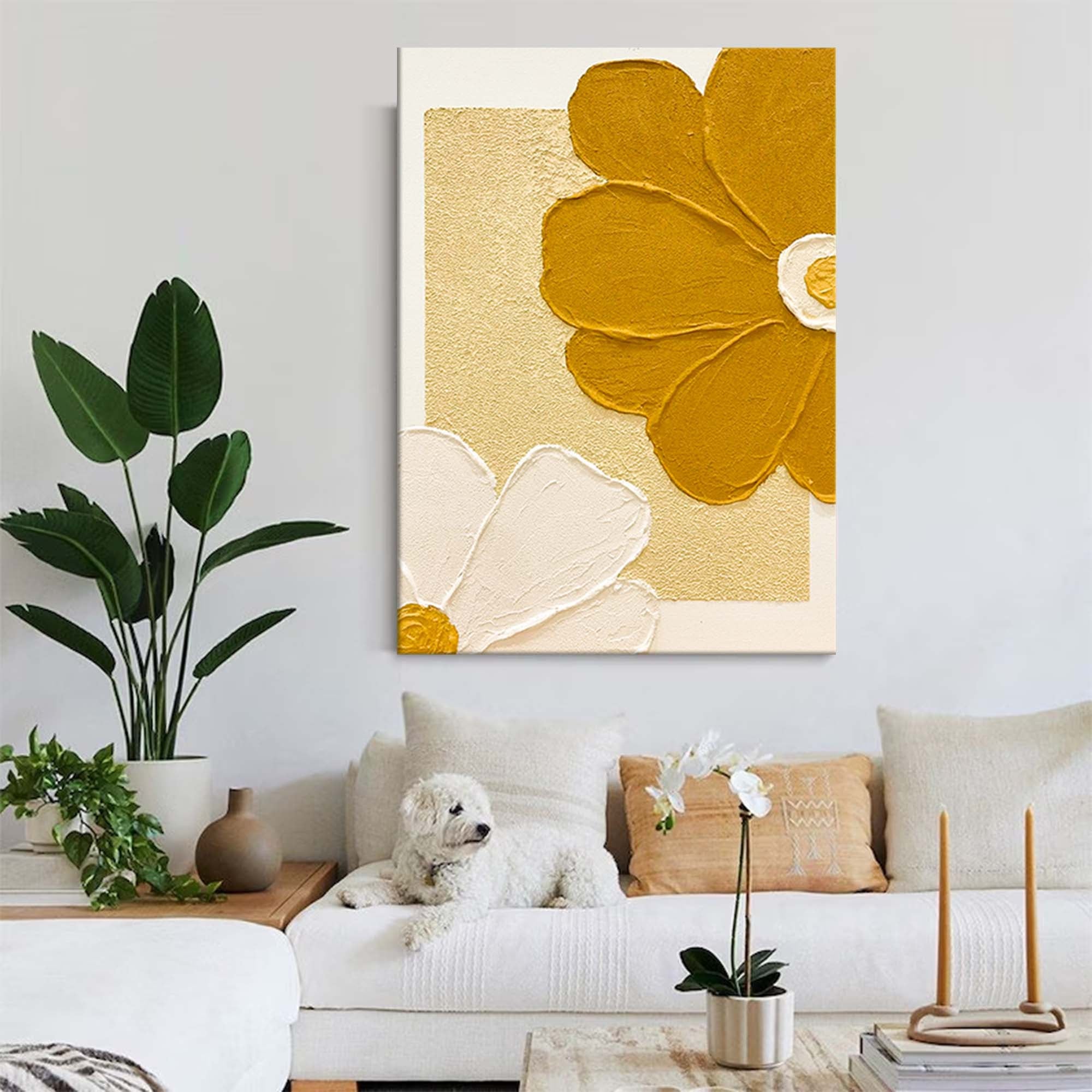 Wallart Golden and White Floral Relief Art
