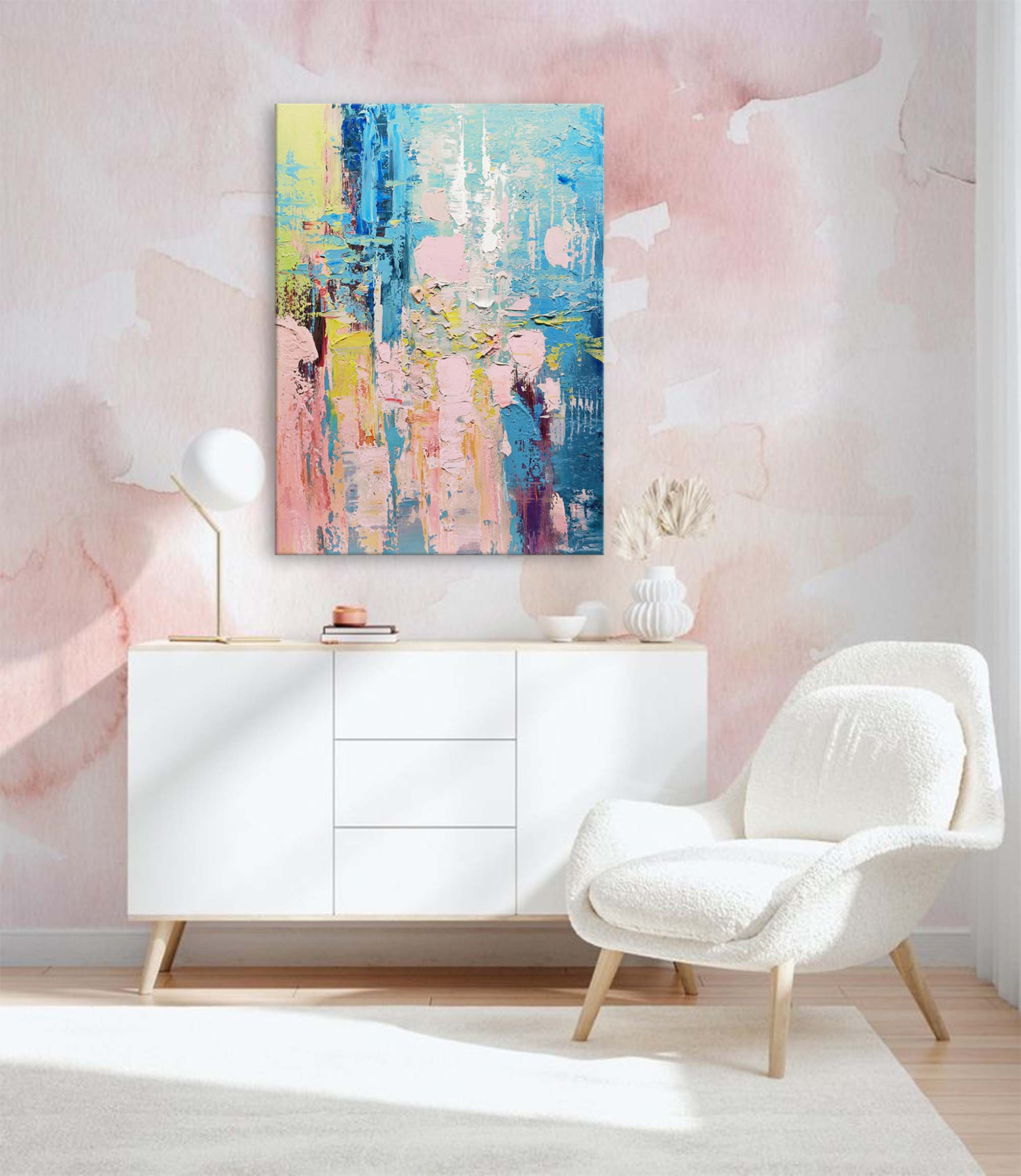 Wallart Serene Blue and Pink Abstract Textured Canvas Art