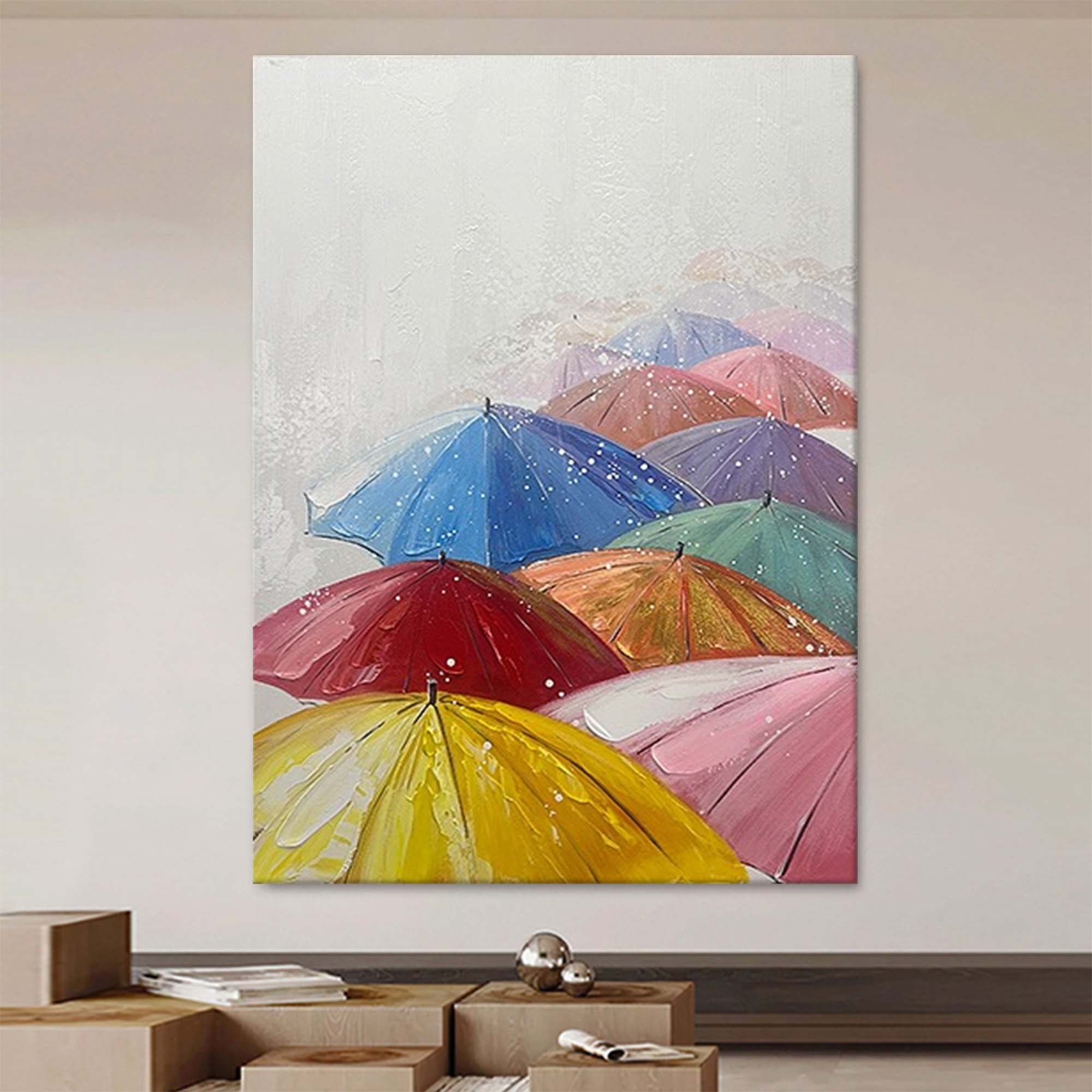 Wallart Colorful Umbrellas in the Rain Canvas Art