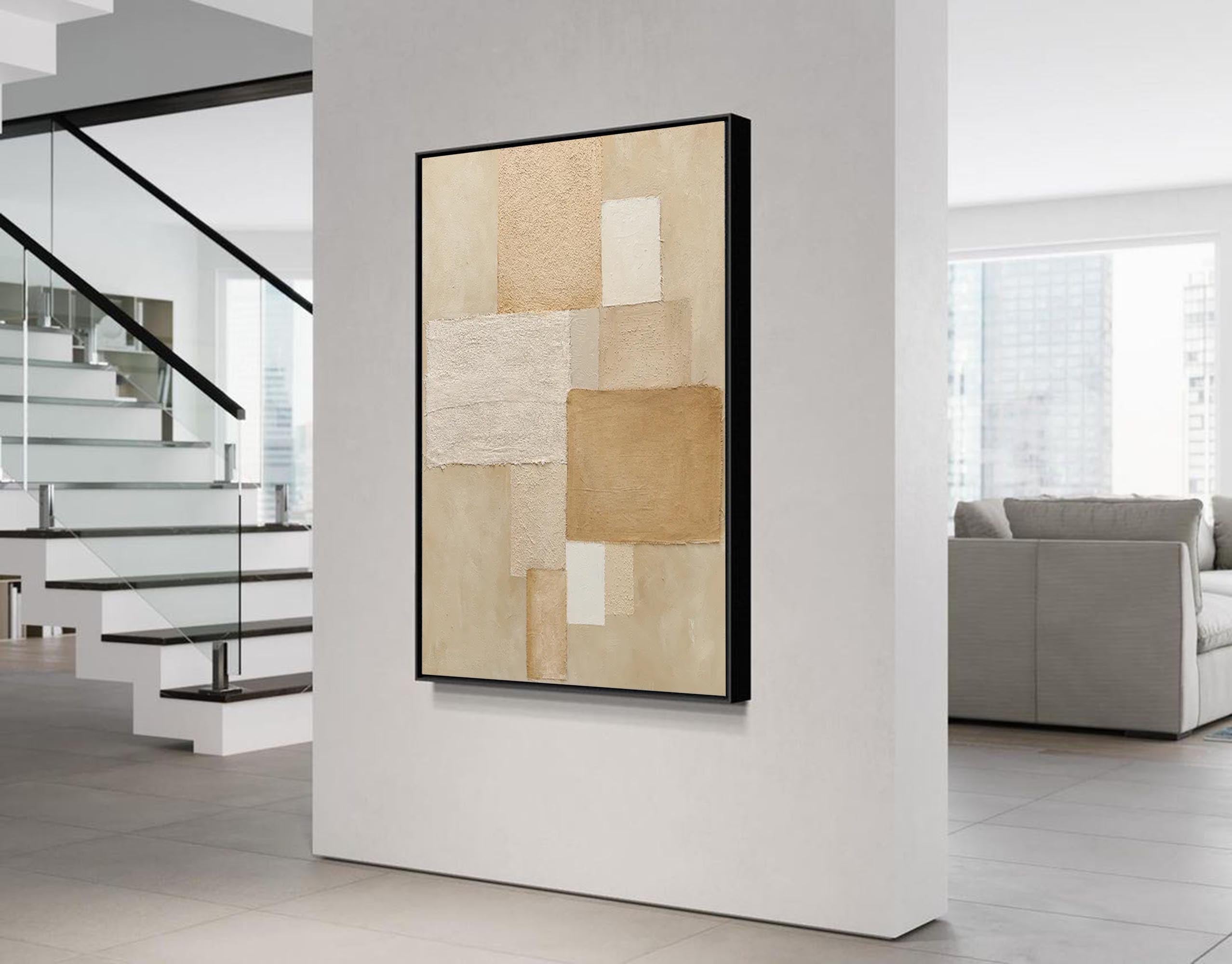Wallart Neutral Geometric Abstract – Textured Beige & Cream Oil Painting on Canvas
