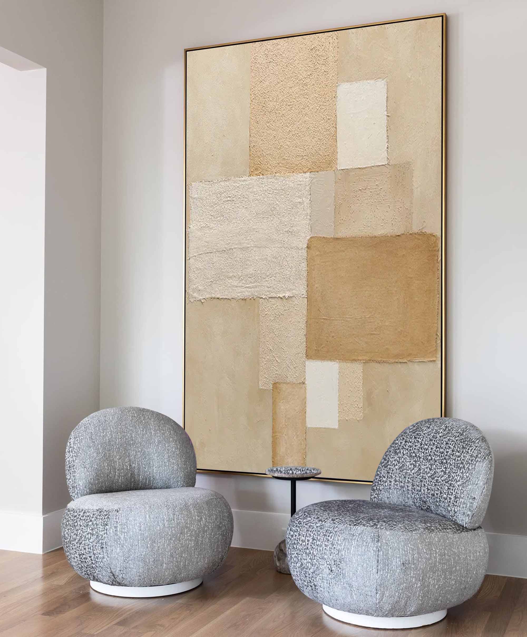 Wallart Neutral Geometric Abstract – Textured Beige & Cream Oil Painting on Canvas