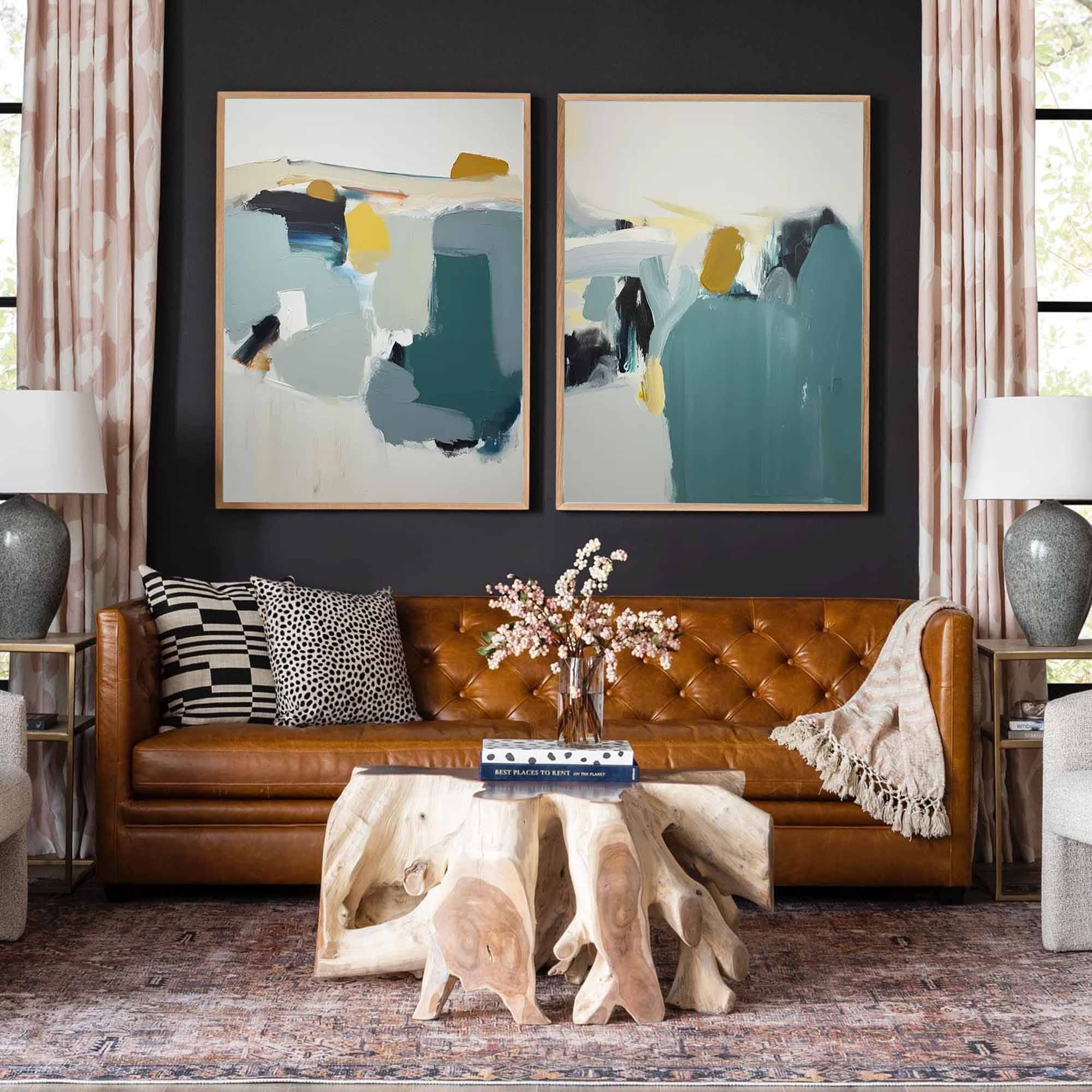 Wallart Abstract Diptych in Teal and Gold