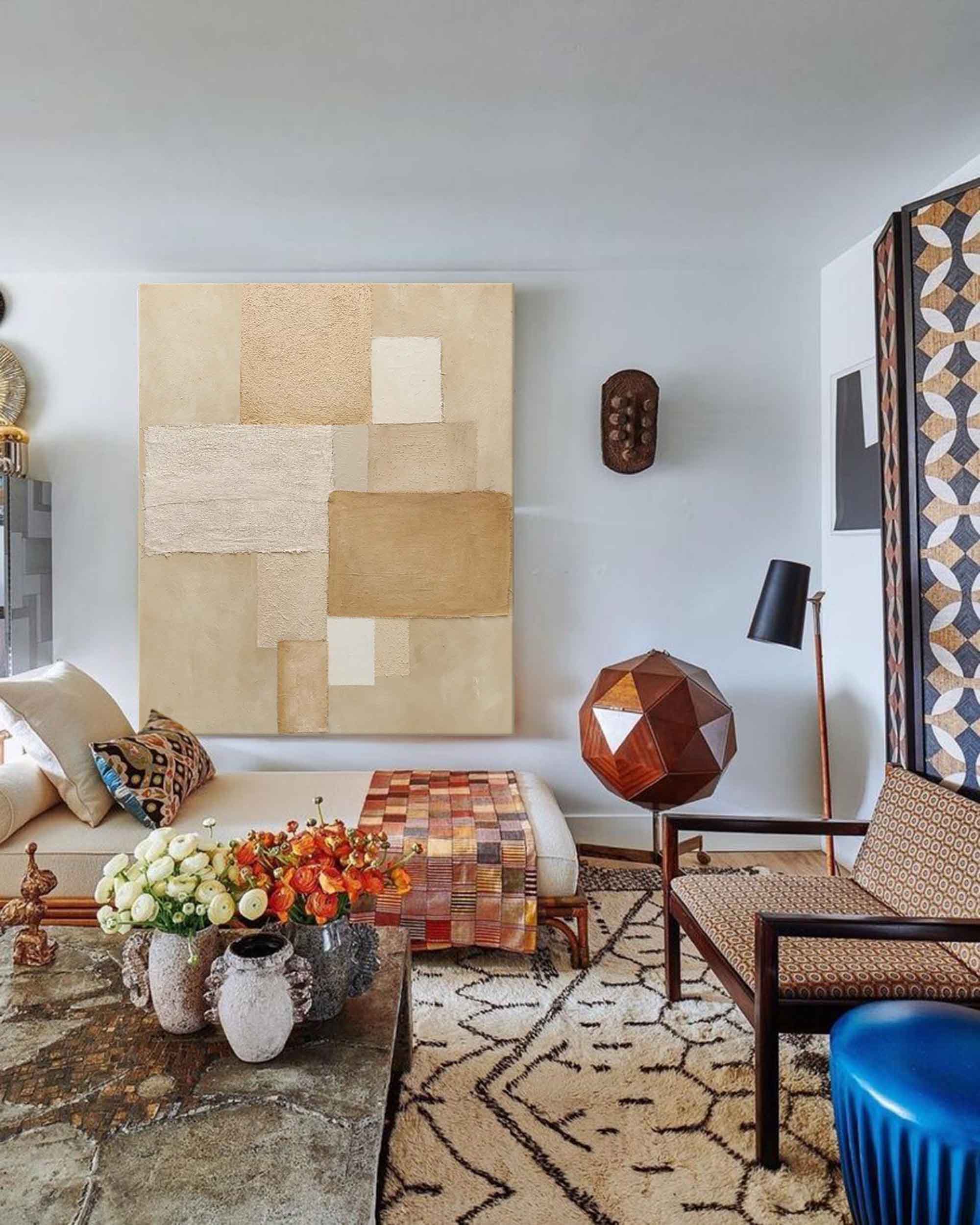 Wallart Neutral Geometric Abstract – Textured Beige & Cream Oil Painting on Canvas