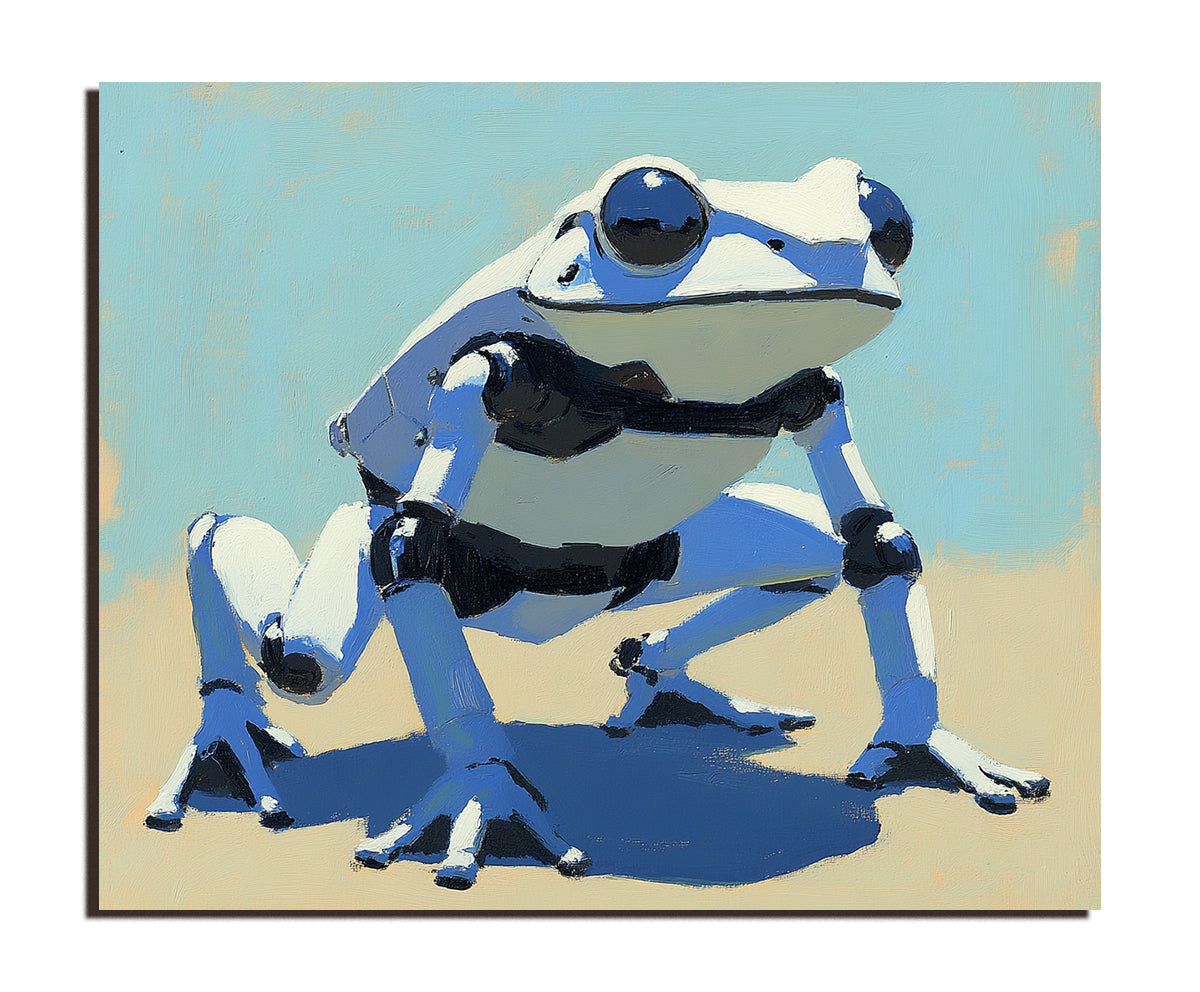Blue-White Robotic Frog Canvas Art - Contemporary Oil Painting, Unique Cyberpunk Wall Decor for Art Enthusiasts