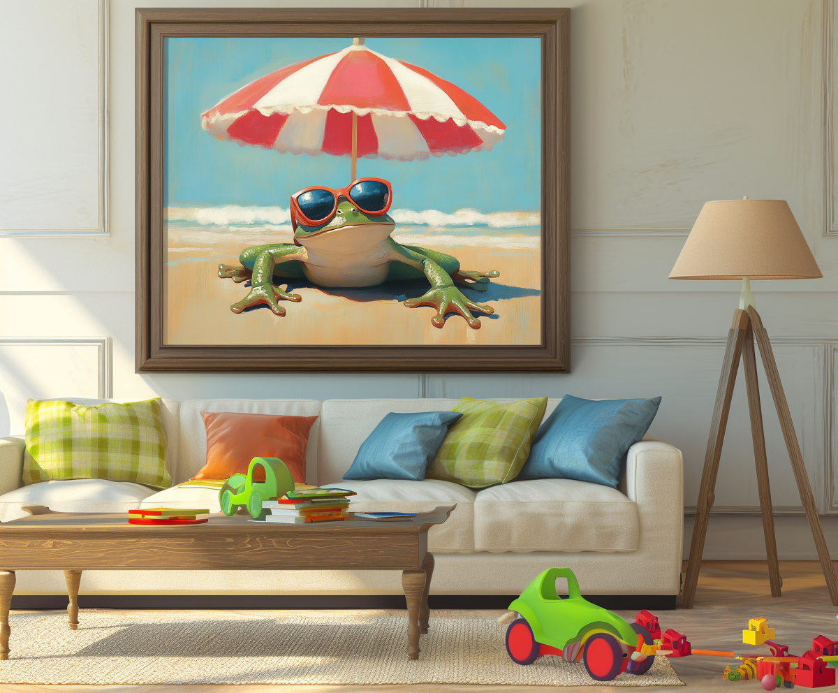 Chill Frog:  Funny Frog on Beach with Sunglasses & Striped Umbrella - Whimsical Coastal Oil Painting, Playful Wall Art for Living Room & Beach-Themed Spaces