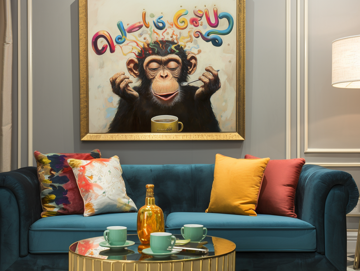 Caffeine Muse : Whimsical Monkey Drinking Coffee with Colorful Abstract Letters - Playful Oil Painting, Unique Wall Decor for Modern Living Spaces