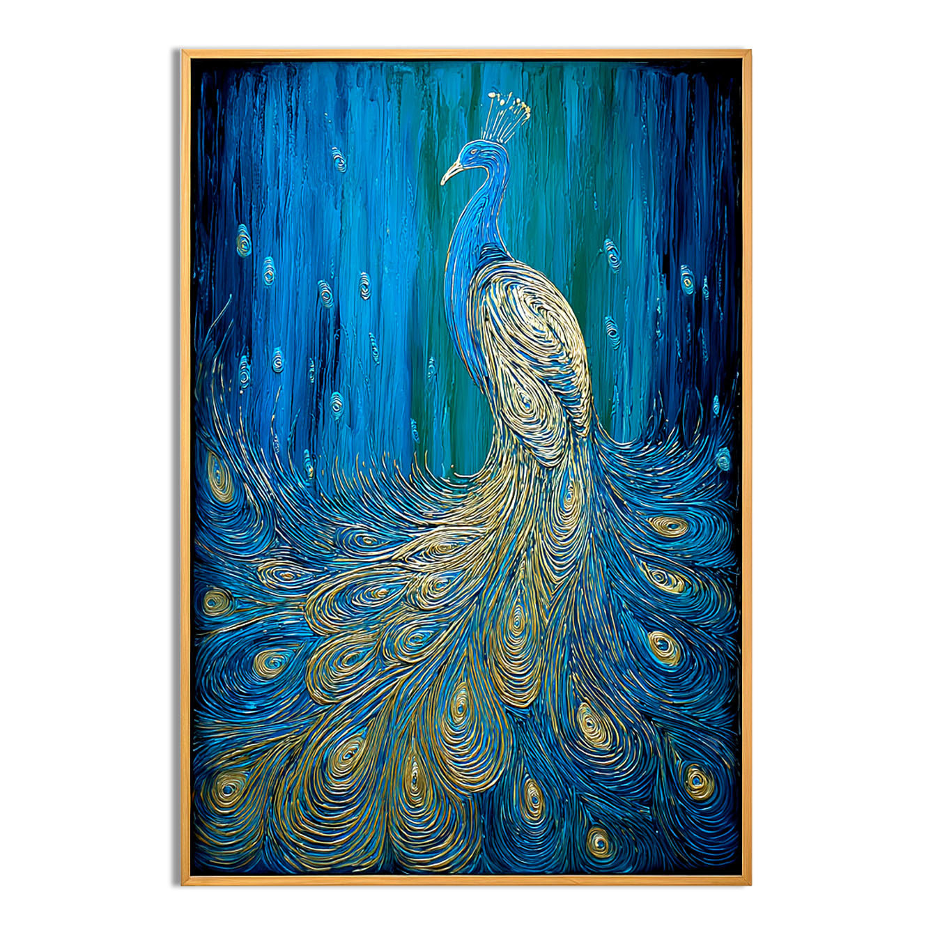 Celestial Grace - Textured Blue and Gold Peacock Oil Painting