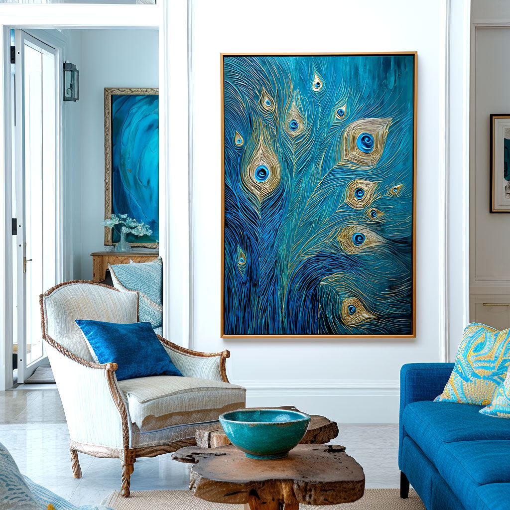 Gilded Whisper - Textured Blue and Gold Feather Oil Painting