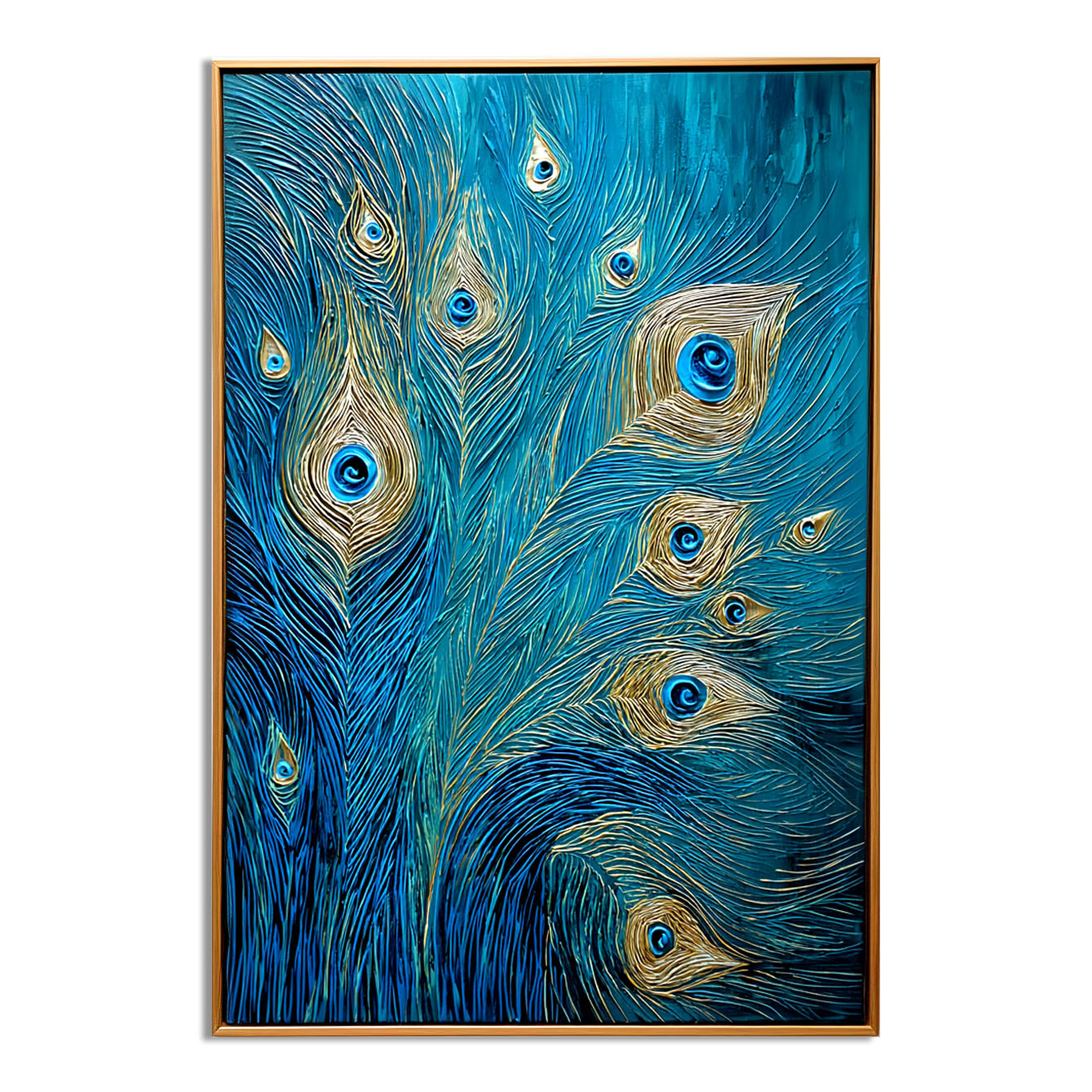 Gilded Whisper - Textured Blue and Gold Feather Oil Painting
