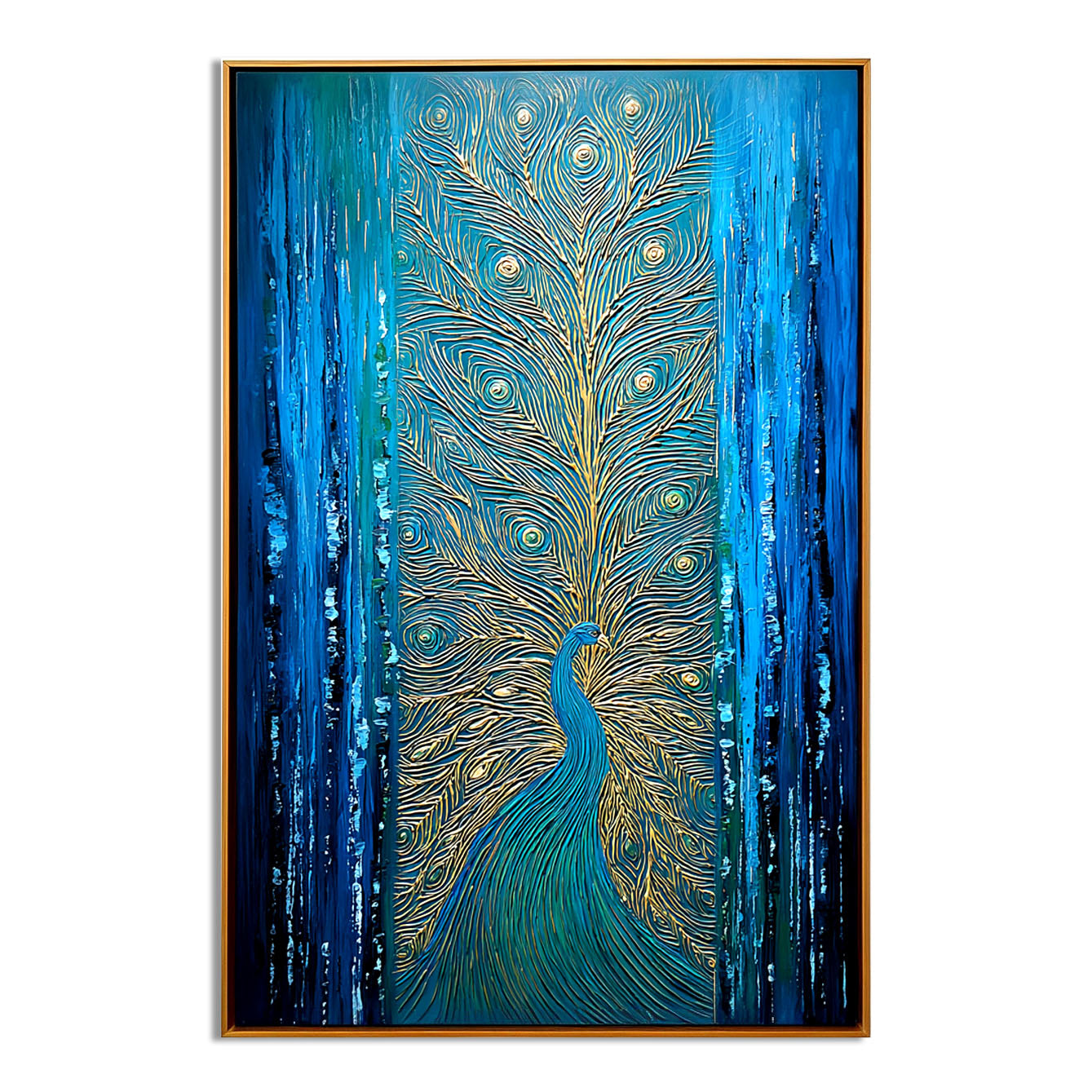 Majestic Gleam - Textured Blue and Gold Peacock Oil Painting