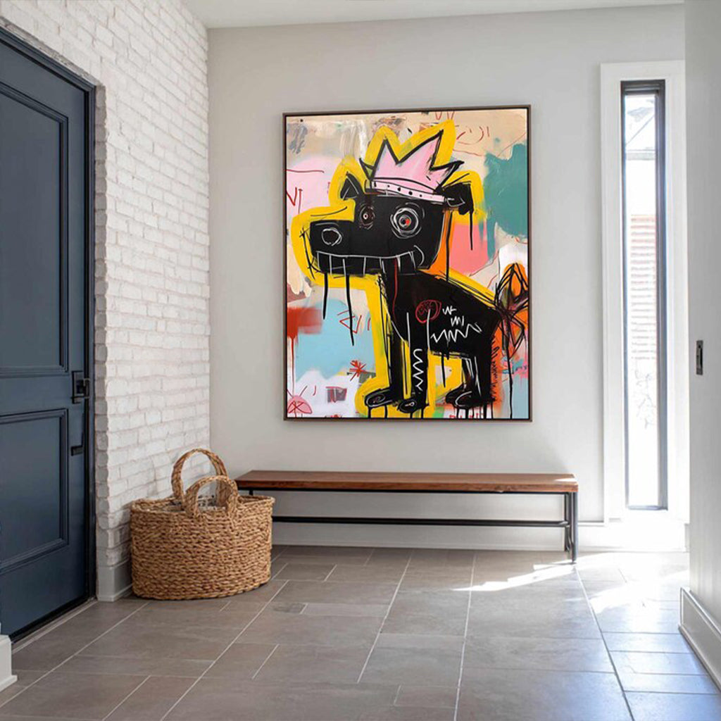 Crowned Canine – Vibrant Graffiti Art Black Dog with Crown Wall Decor, Street Art Painting for Home Decoration