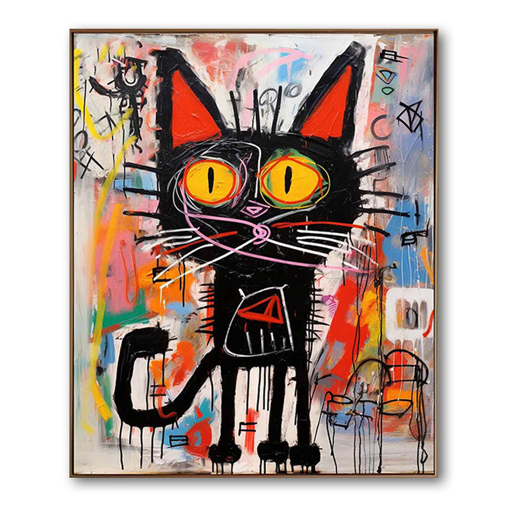 Neon Feline – Vibrant Graffiti Art Black Cat Wall Decor, Street Style Modern Art