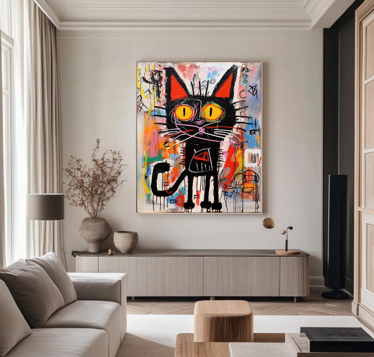 Neon Feline – Vibrant Graffiti Art Black Cat Wall Decor, Street Style Modern Art